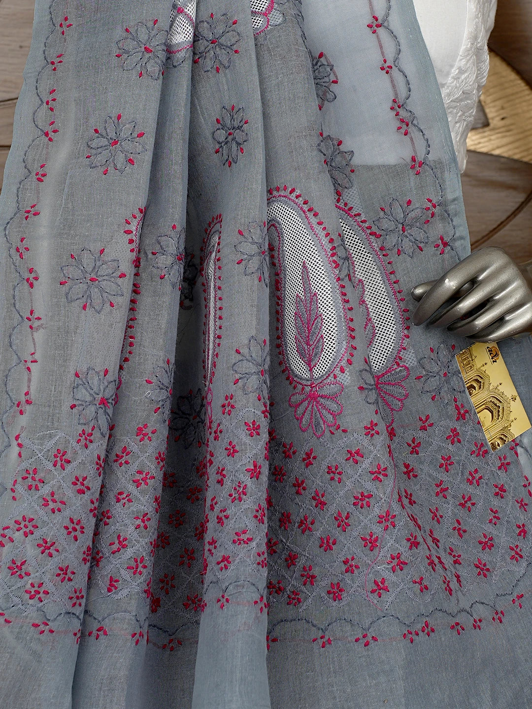Ada Hand Embroidered Slate Grey Cotton Lucknowi Chikankari Saree and Blouse 01A891807