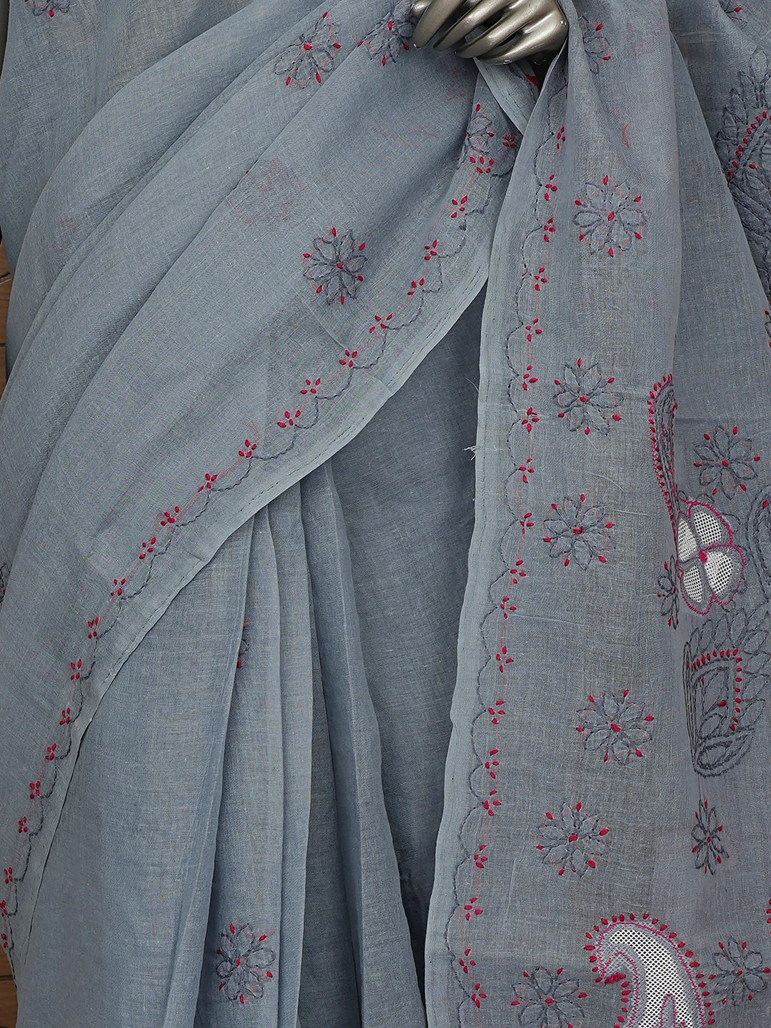 Ada Hand Embroidered Slate Grey Cotton Lucknowi Chikankari Saree and Blouse 01A891807