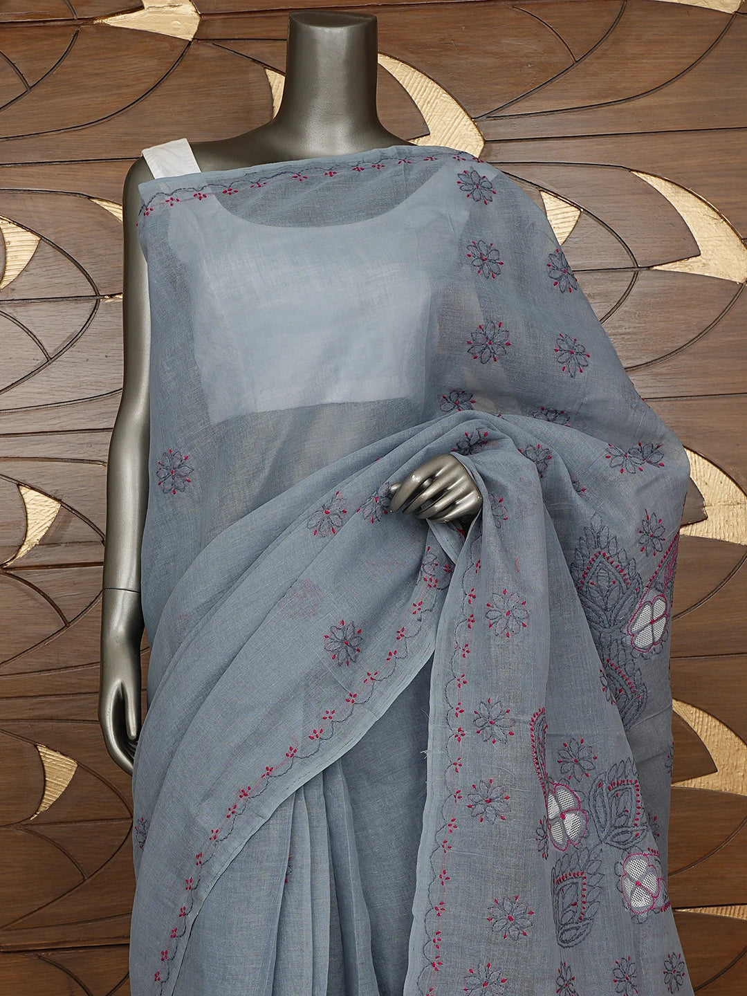 Ada Hand Embroidered Slate Grey Cotton Lucknowi Chikankari Saree and Blouse 01A891807