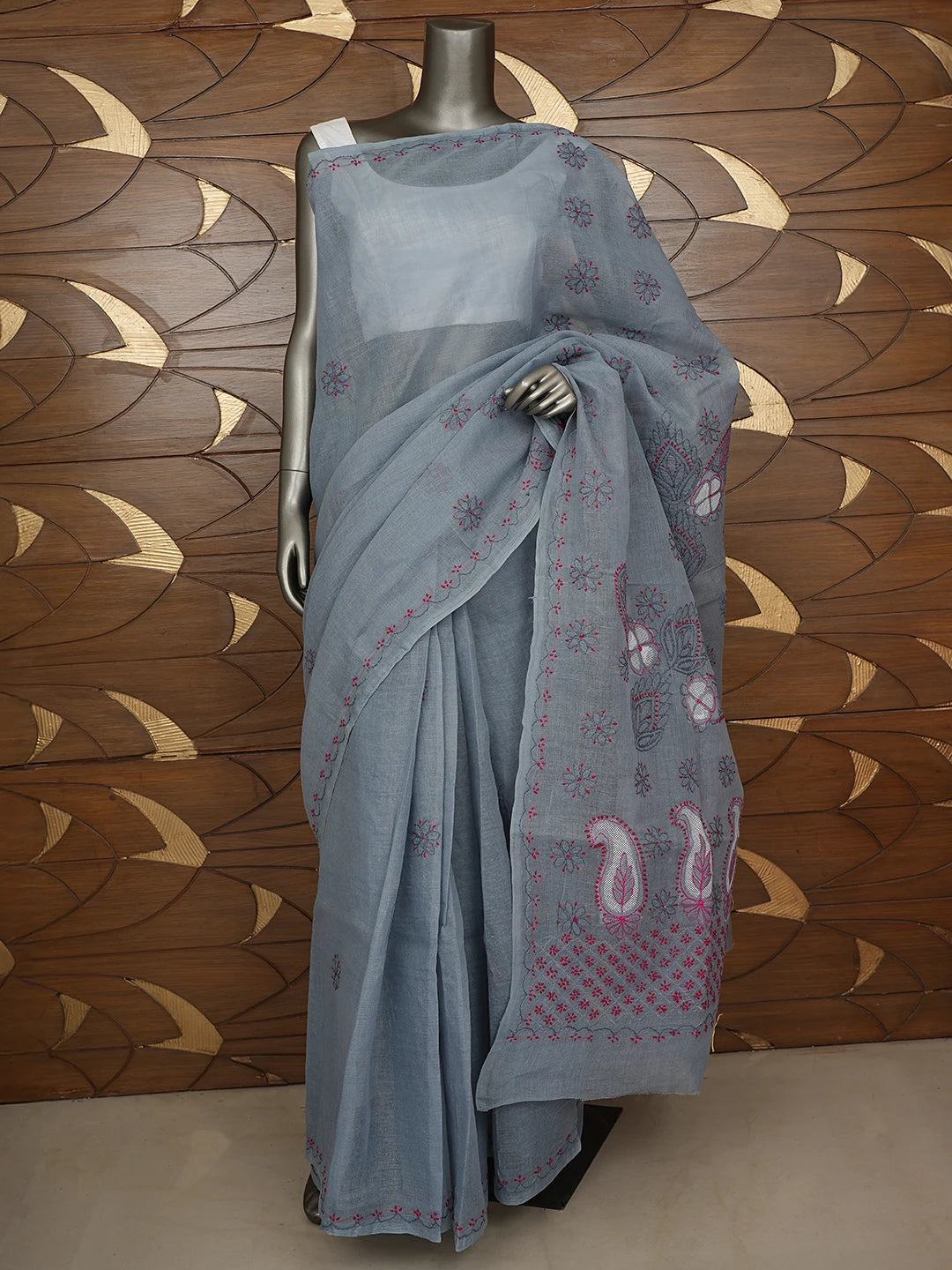 Ada Hand Embroidered Slate Grey Cotton Lucknowi Chikankari Saree and Blouse 01A891807