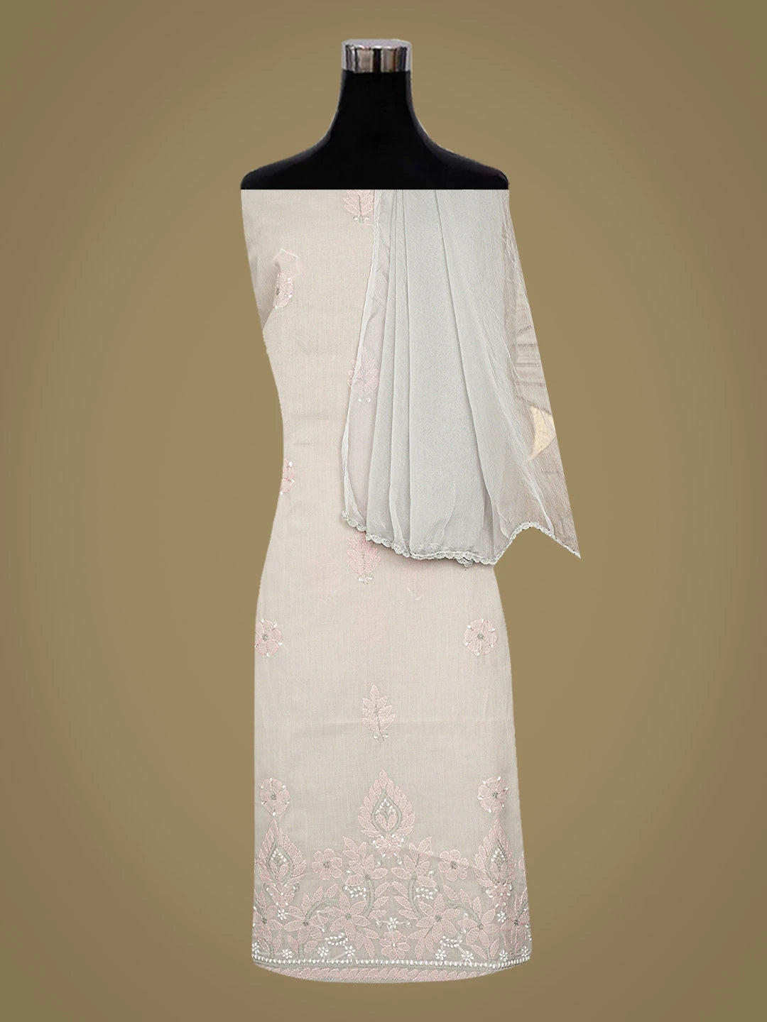 Ada Hand Embroidered Grey Cotton Lucknowi Chikankari Unstitched Suit Piece with Chiffon Dupatta 01A879295
