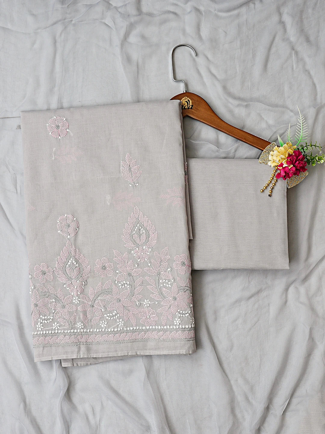 Ada Hand Embroidered Grey Cotton Lucknowi Chikankari Unstitched Suit Piece with Chiffon Dupatta 01A879295