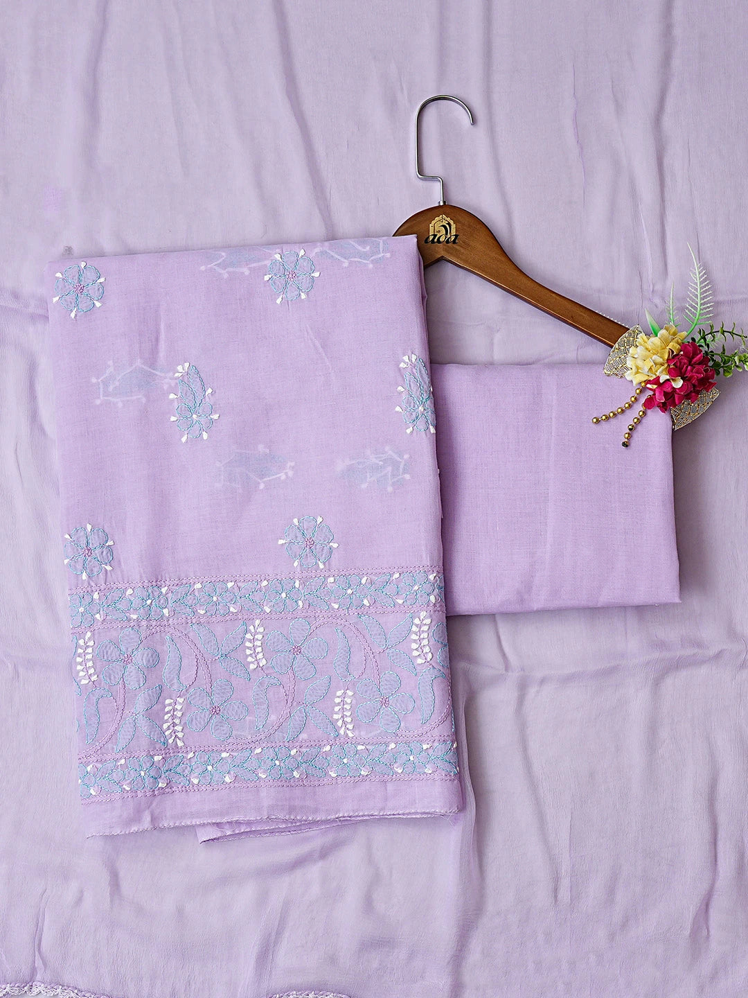 Ada Hand Embroidered Mauve Cotton Lucknowi Chikankari Unstitched Suit Piece with Chiffon Dupatta 01A879484
