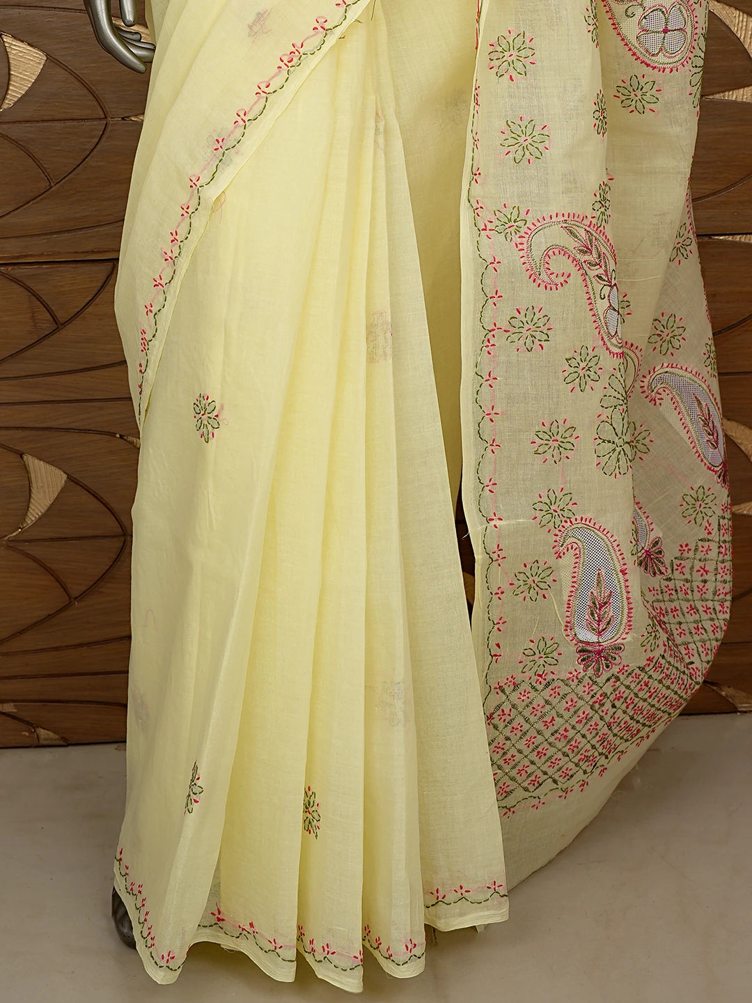 Ada Hand Embroidered Lemon Cotton Lucknowi Chikankari Saree and Blouse 01A891800