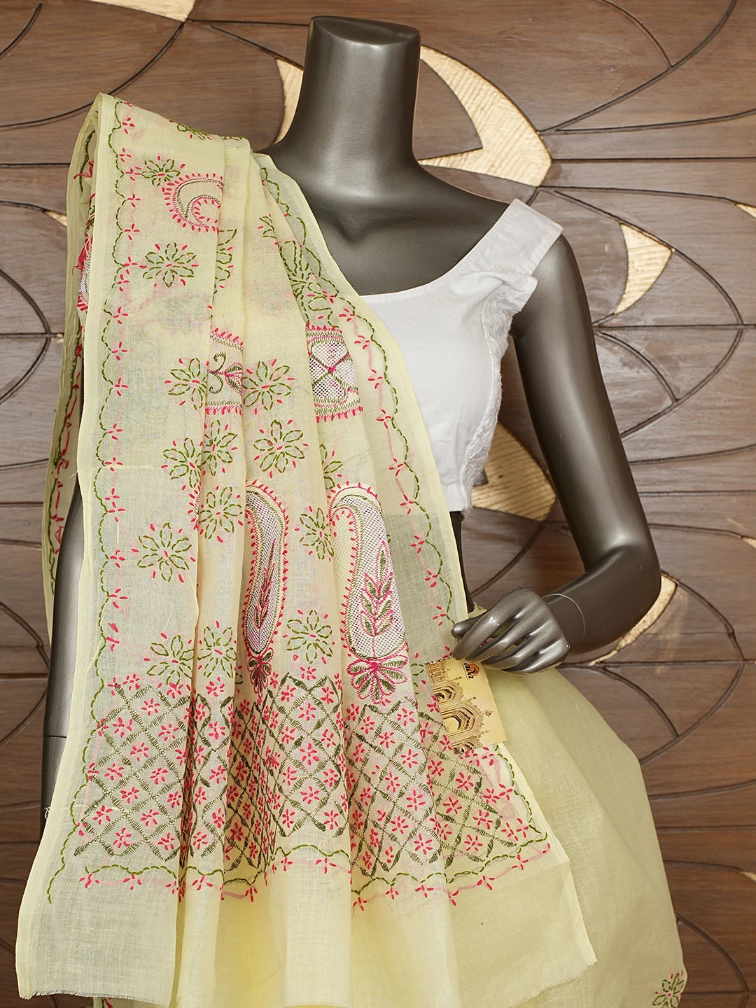 Ada Hand Embroidered Lemon Cotton Lucknowi Chikankari Saree and Blouse 01A891800