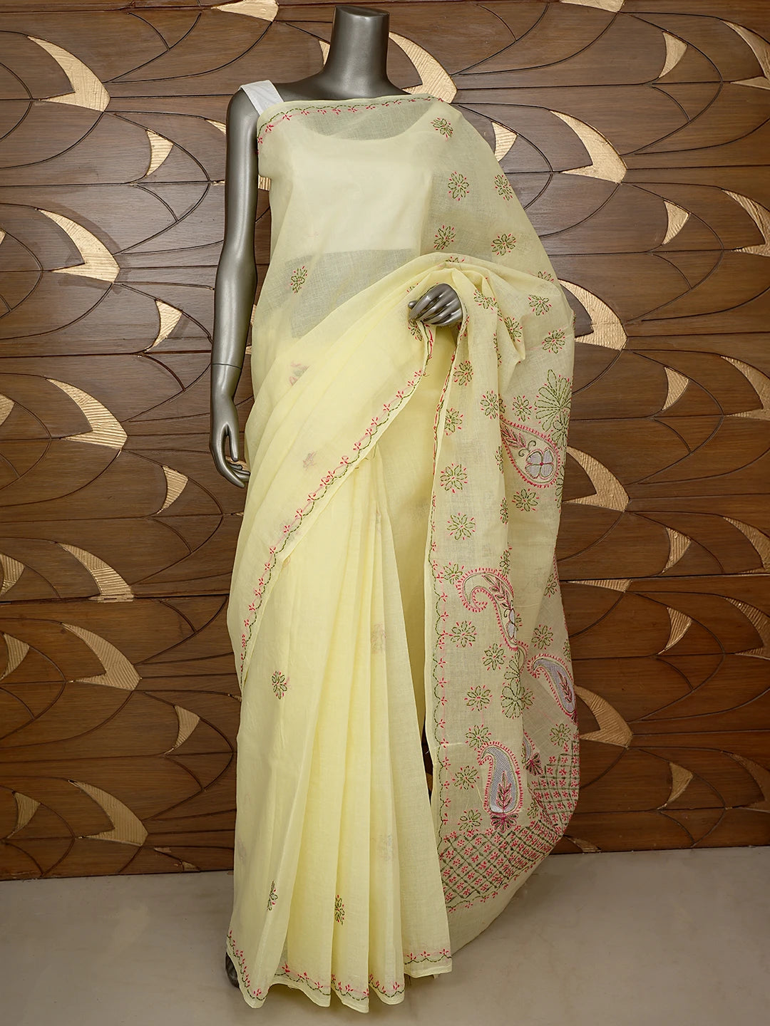 Ada Hand Embroidered Lemon Cotton Lucknowi Chikankari Saree and Blouse 01A891800