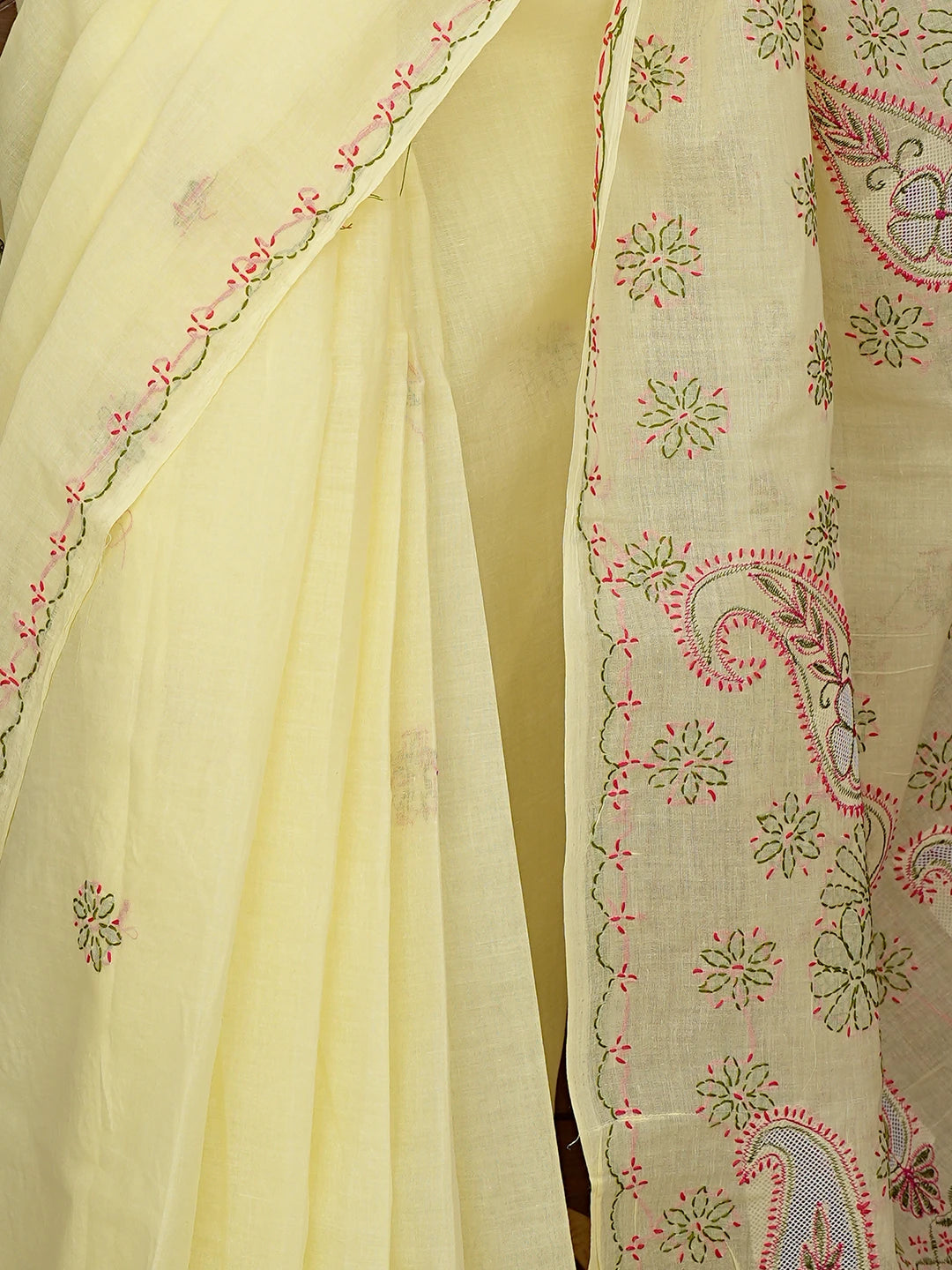 Ada Hand Embroidered Lemon Cotton Lucknowi Chikankari Saree and Blouse 01A891800