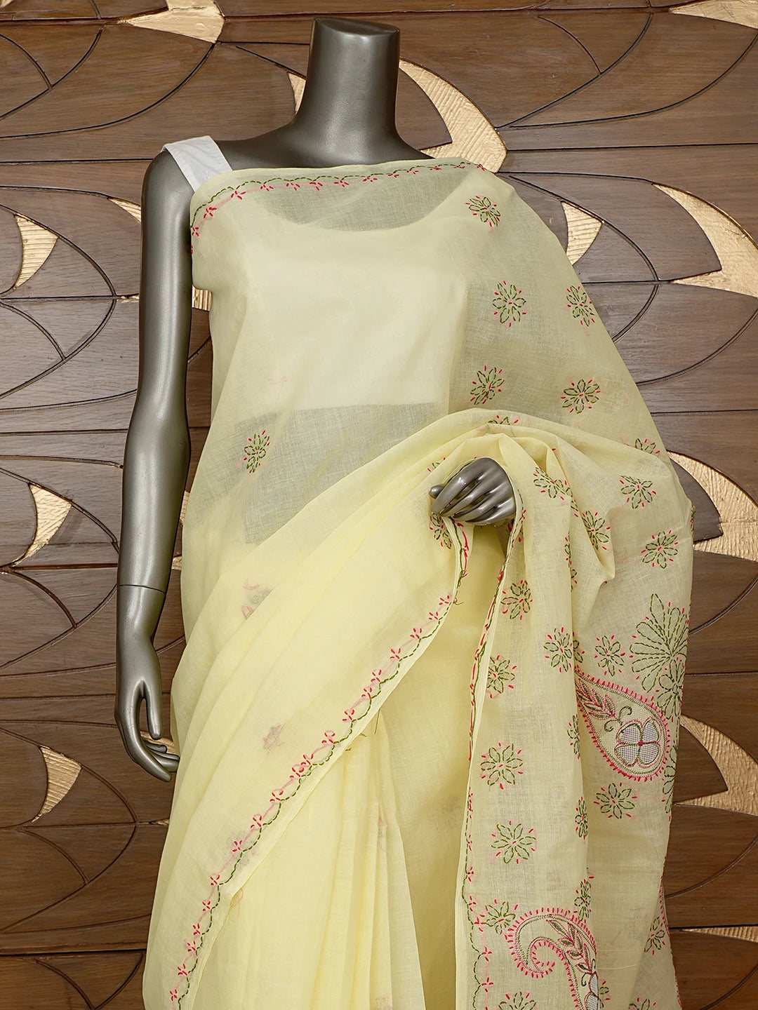 Ada Hand Embroidered Lemon Cotton Lucknowi Chikankari Saree and Blouse 01A891800