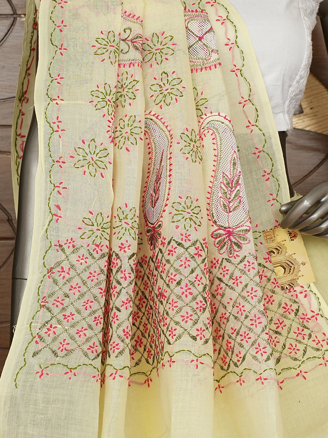 Ada Hand Embroidered Lemon Cotton Lucknowi Chikankari Saree and Blouse 01A891800