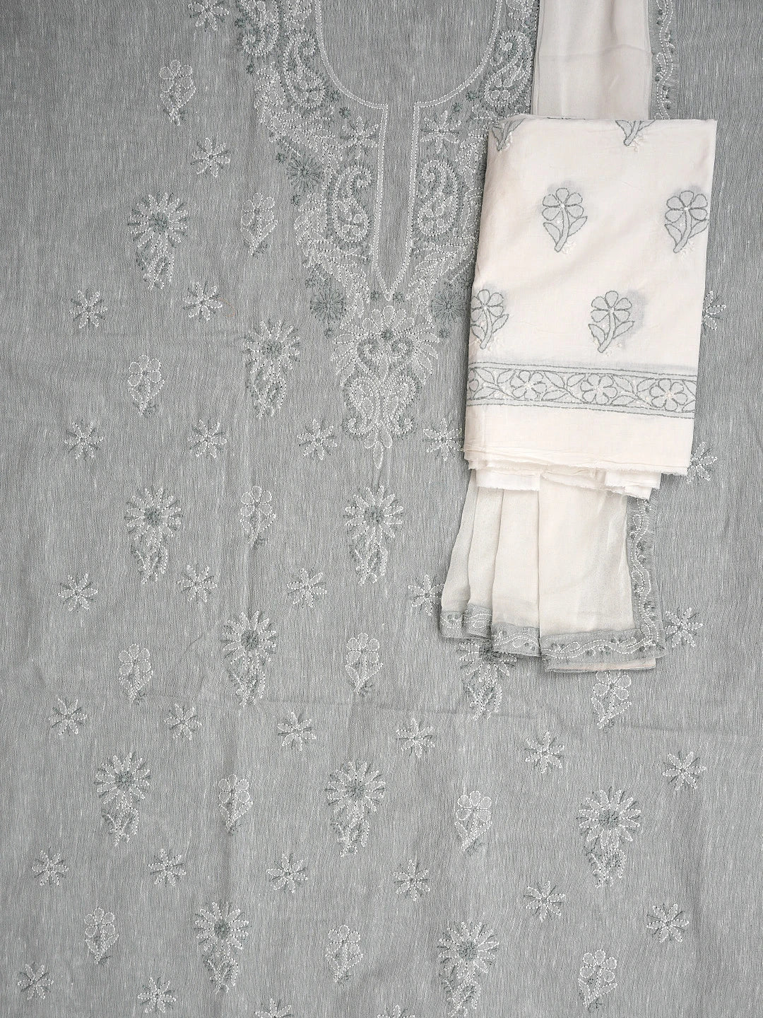 Ada Hand Embroidered Cadet Grey Linen Lucknowi Chikankari Unstitched Suit Piece 01A885298