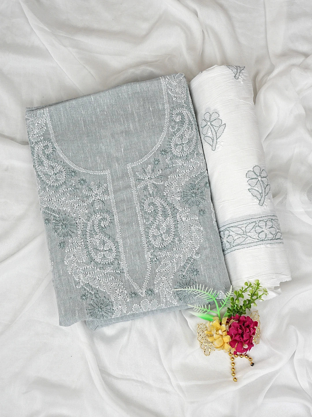 Ada Hand Embroidered Cadet Grey Linen Lucknowi Chikankari Unstitched Suit Piece 01A885298