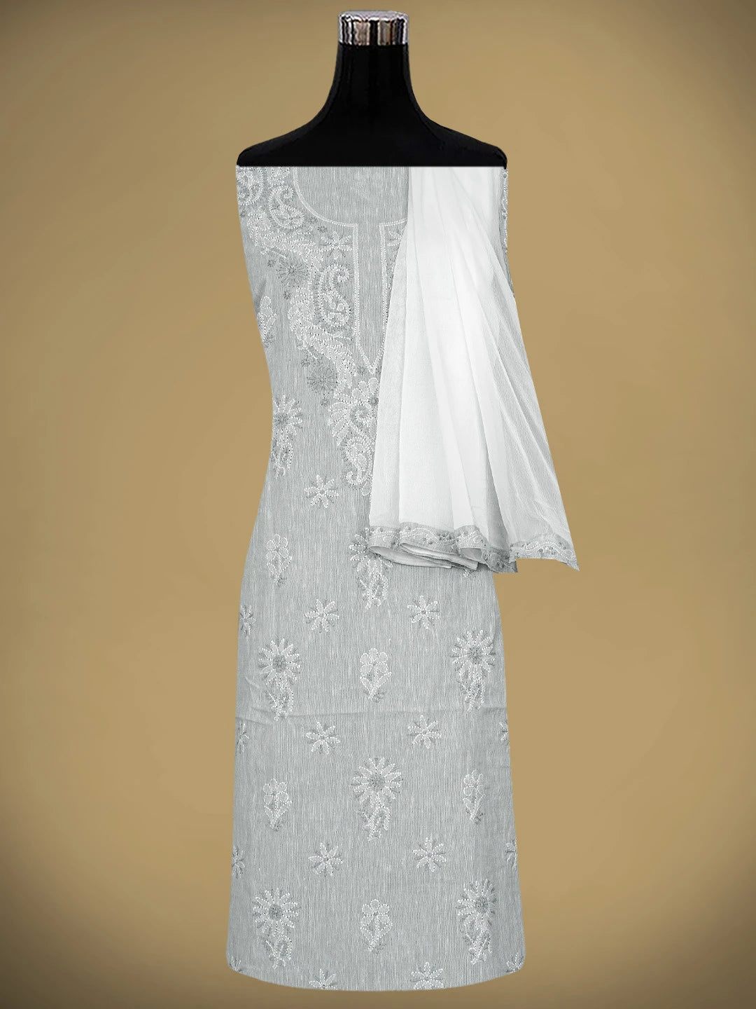 Ada Hand Embroidered Cadet Grey Linen Lucknowi Chikankari Unstitched Suit Piece 01A885298
