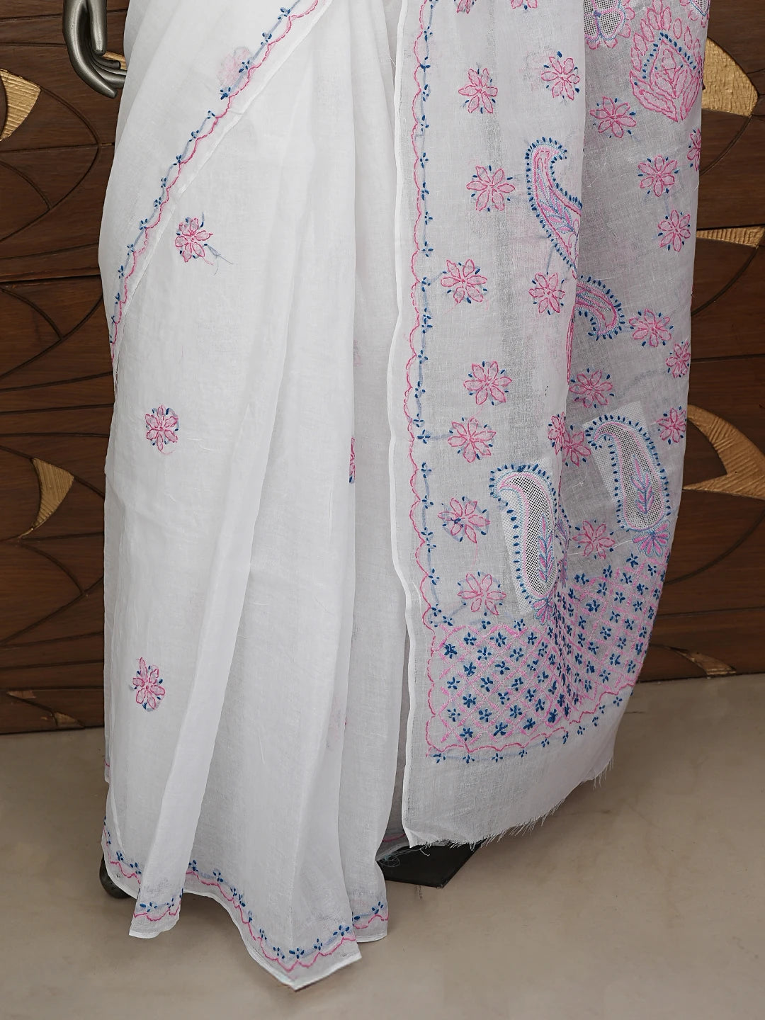 Ada Hand Embroidered White Cotton Lucknowi Chikankari Saree and Blouse 01A891803