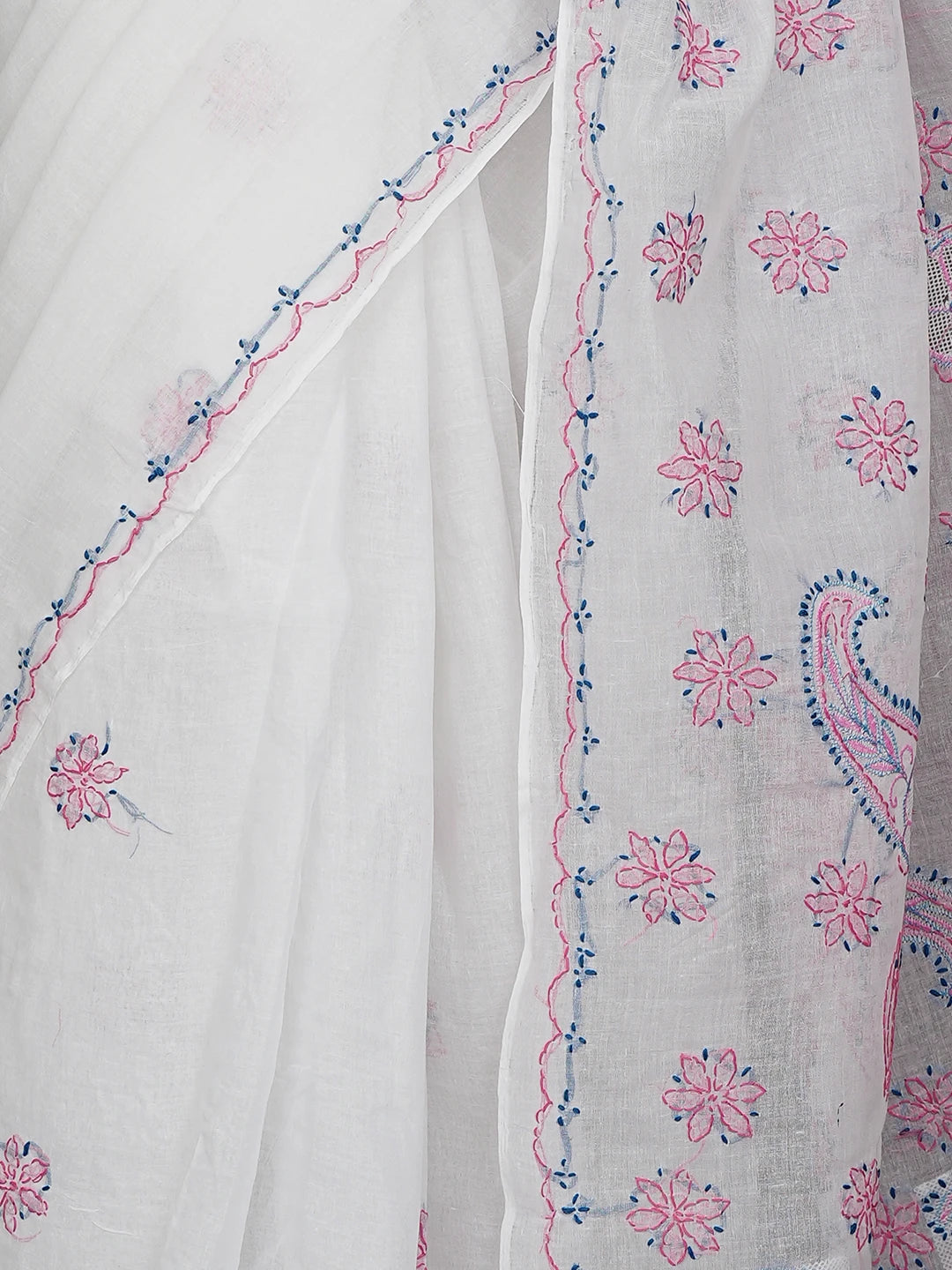 Ada Hand Embroidered White Cotton Lucknowi Chikankari Saree and Blouse 01A891803