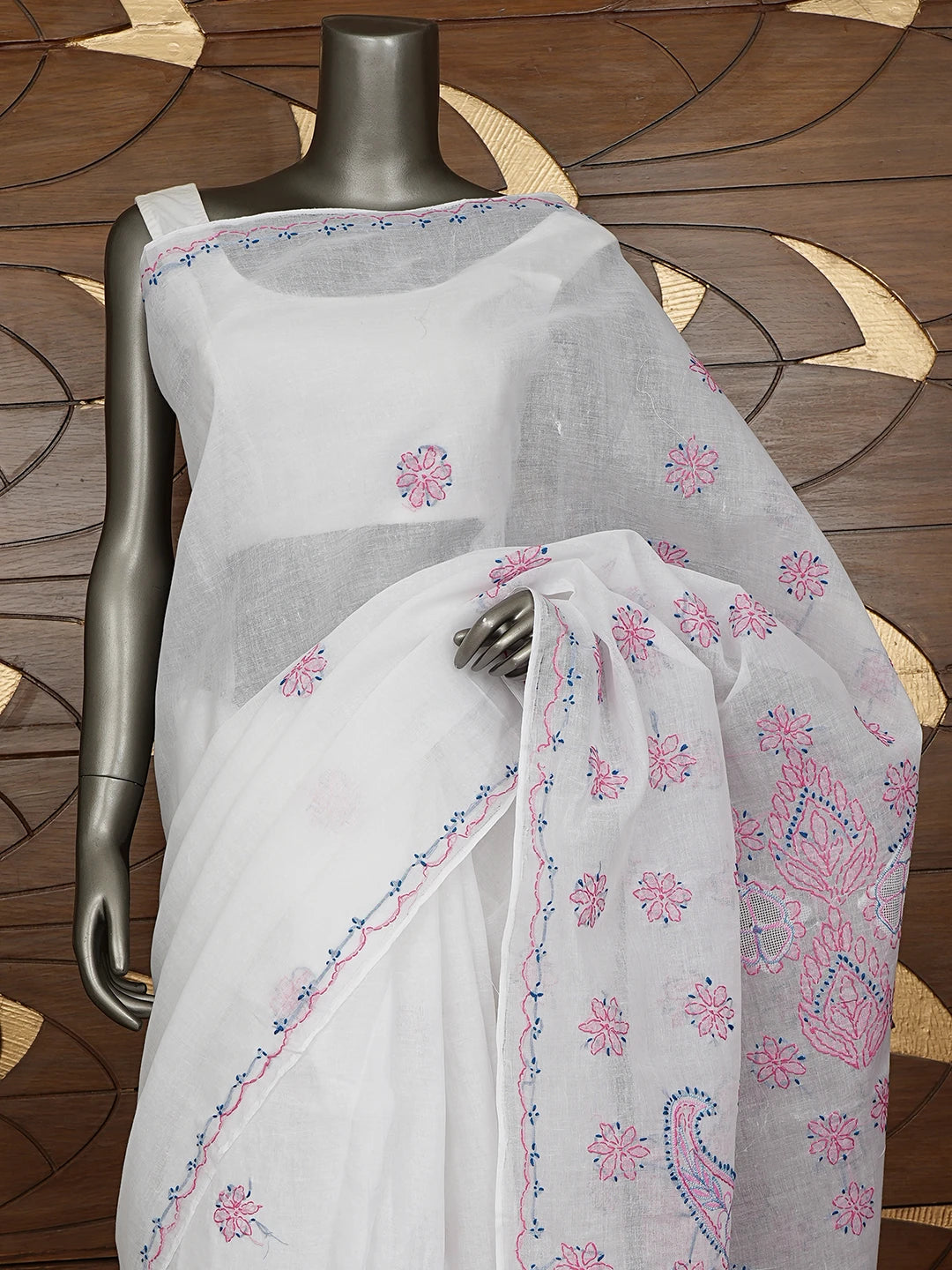 Ada Hand Embroidered White Cotton Lucknowi Chikankari Saree and Blouse 01A891803