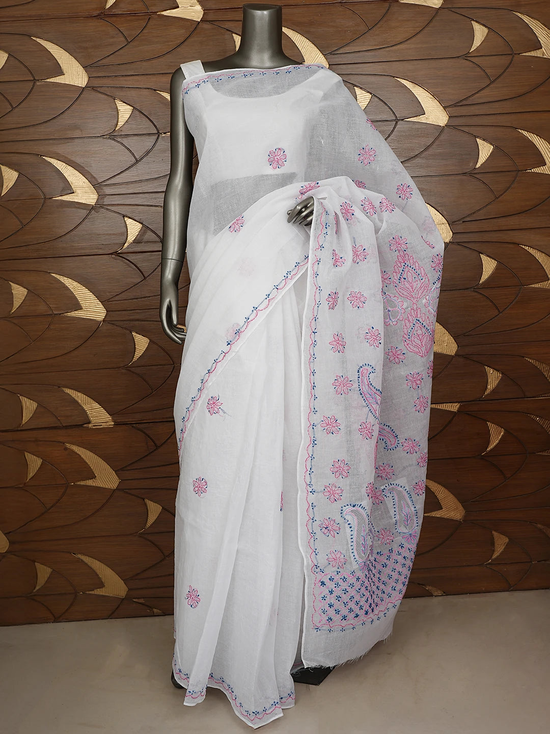 Ada Hand Embroidered White Cotton Lucknowi Chikankari Saree and Blouse 01A891803