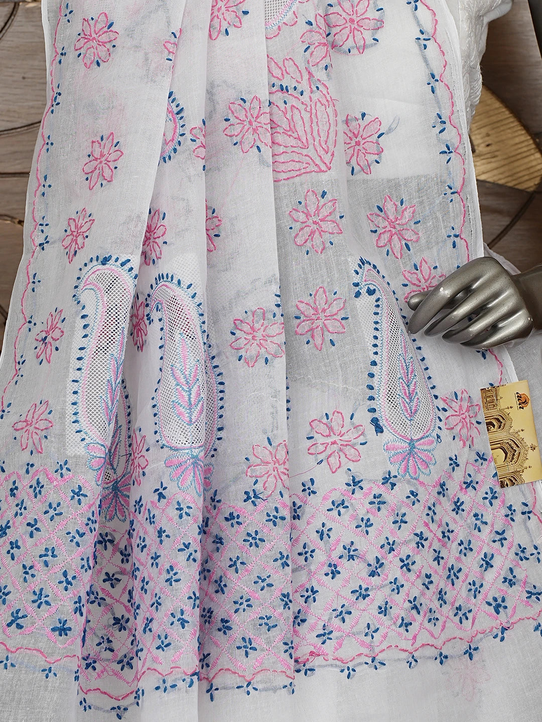 Ada Hand Embroidered White Cotton Lucknowi Chikankari Saree and Blouse 01A891803