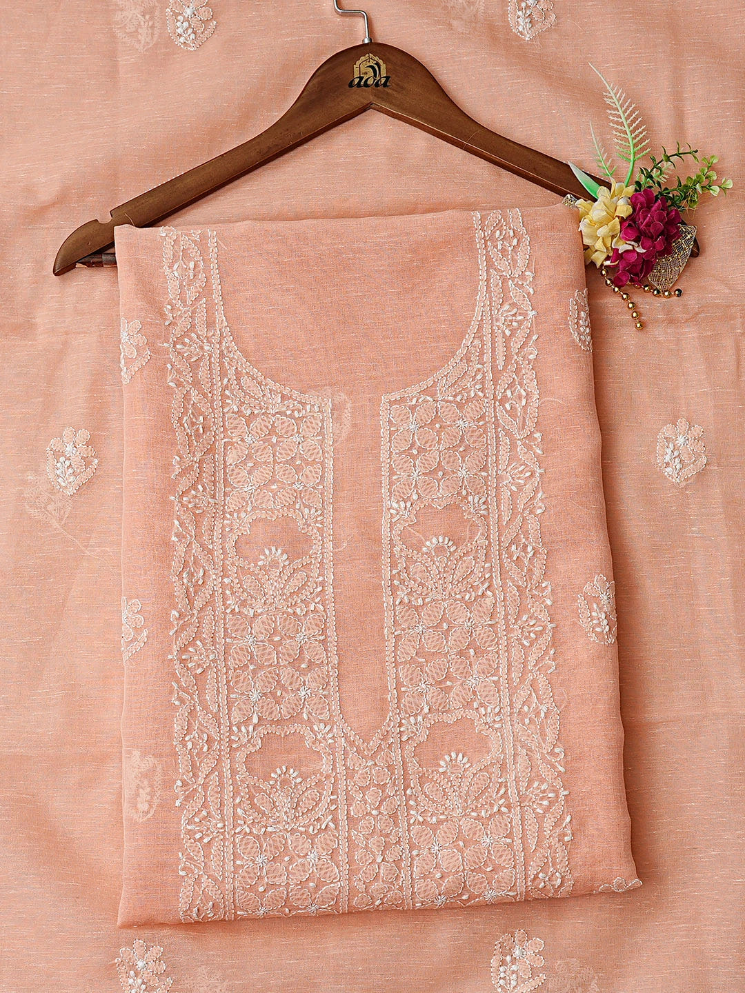 Ada Hand Embroidered Peach Chanderi Lucknowi Chikankari Unstitched Kurta Dupatta Set 01A786197