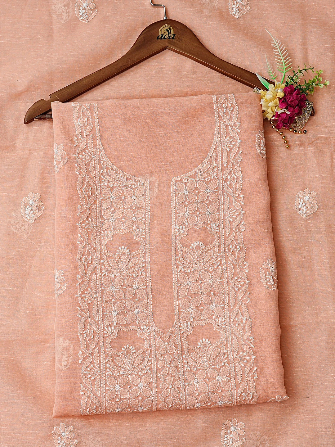 Ada Hand Embroidered Peach Chanderi Lucknowi Chikankari Unstitched Kurta Dupatta Set 01A786197