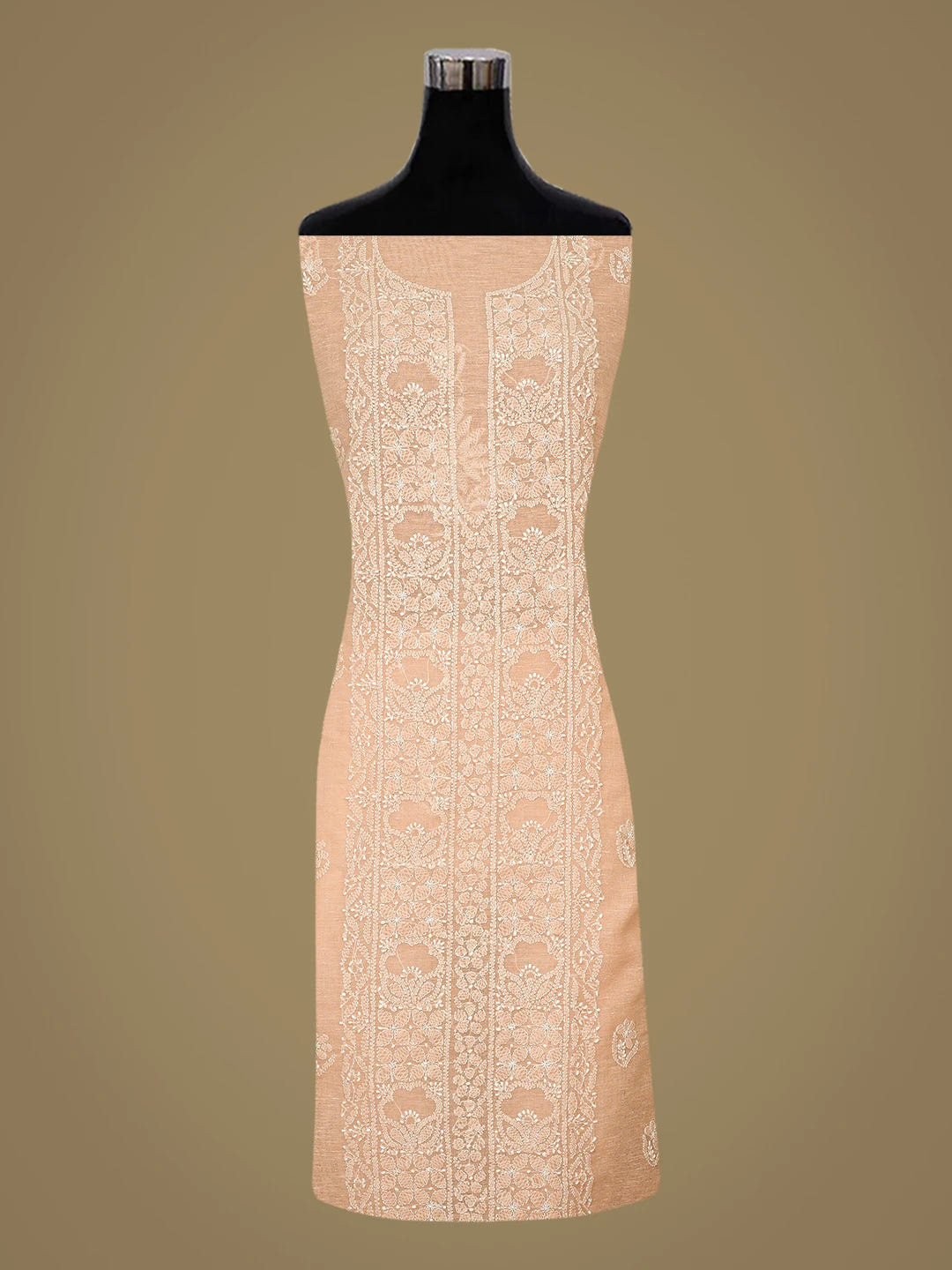 Ada Hand Embroidered Peach Chanderi Lucknowi Chikankari Unstitched Kurta Dupatta Set 01A786197