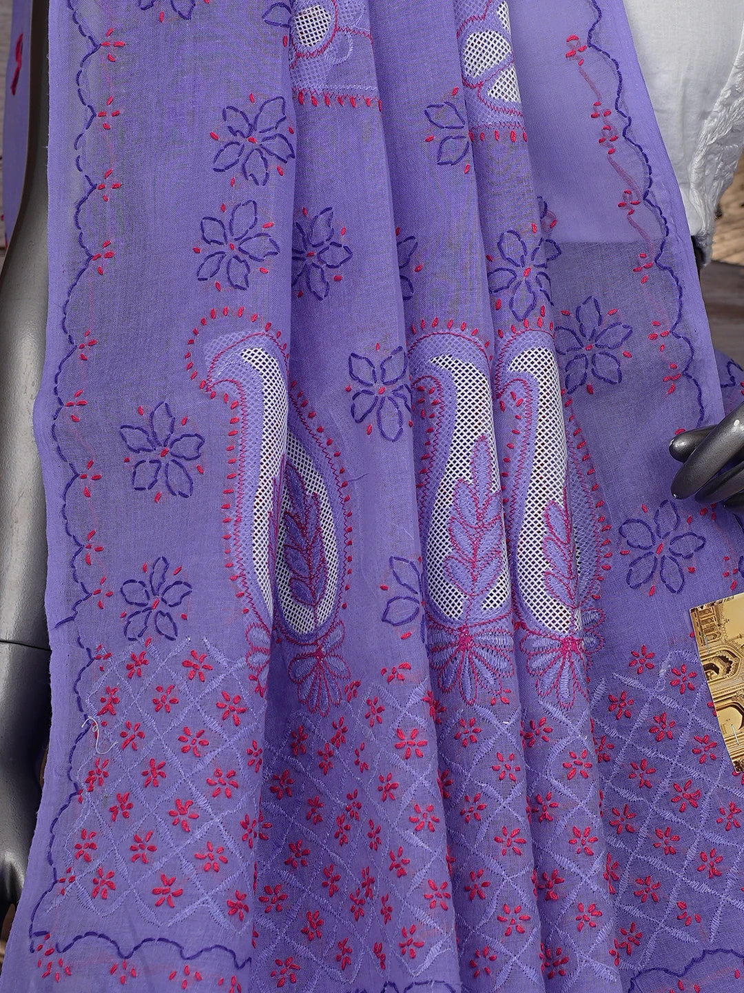 Ada Hand Embroidered Majorelle Blue Cotton Lucknowi Chikankari Saree and Blouse 01A891815