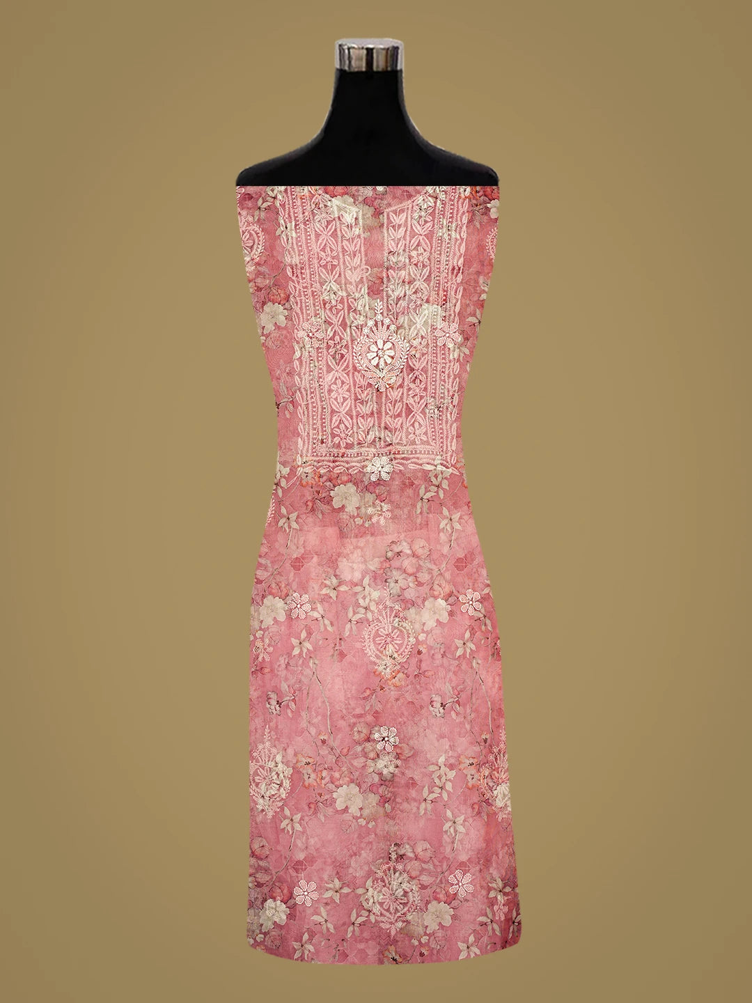Ada Hand Embroidered Floral Printed Dusty Peach Organza Lucknowi Chikankari Unstitched Kurta Dupatta Set 01A876698