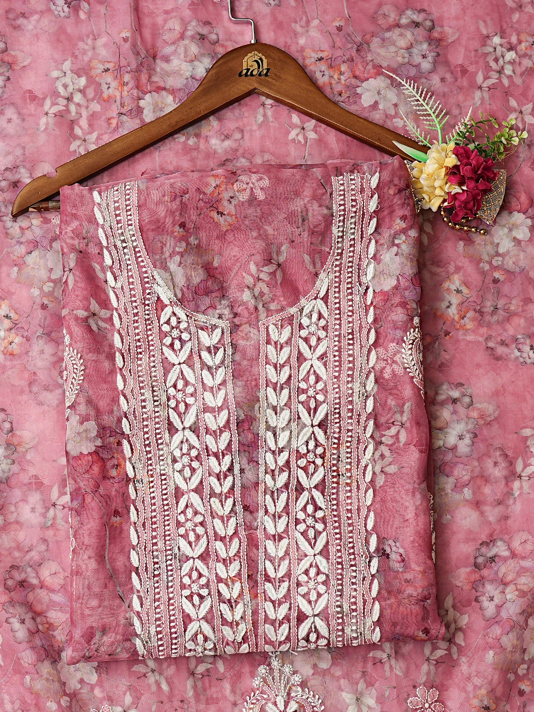 Ada Hand Embroidered Floral Printed Dusty Peach Organza Lucknowi Chikankari Unstitched Kurta Dupatta Set 01A876698