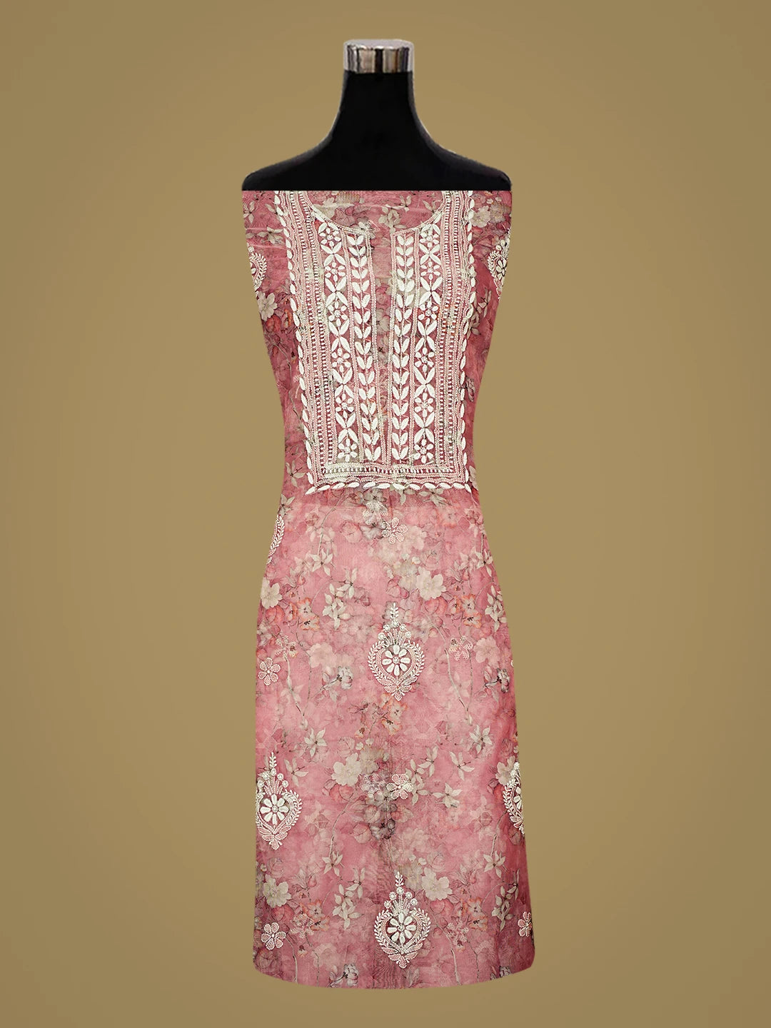 Ada Hand Embroidered Floral Printed Dusty Peach Organza Lucknowi Chikankari Unstitched Kurta Dupatta Set 01A876698