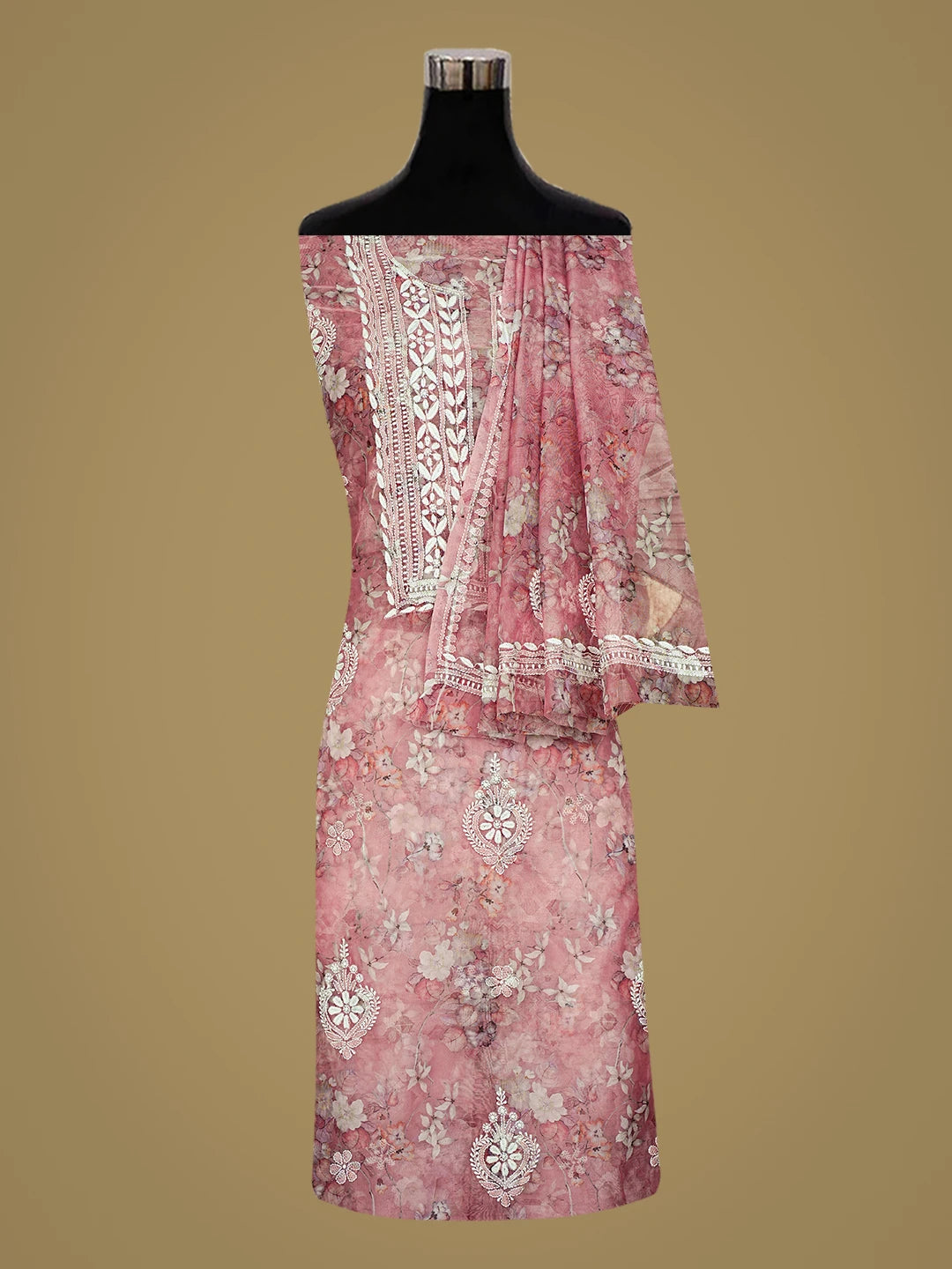 Ada Hand Embroidered Floral Printed Dusty Peach Organza Lucknowi Chikankari Unstitched Kurta Dupatta Set 01A876698