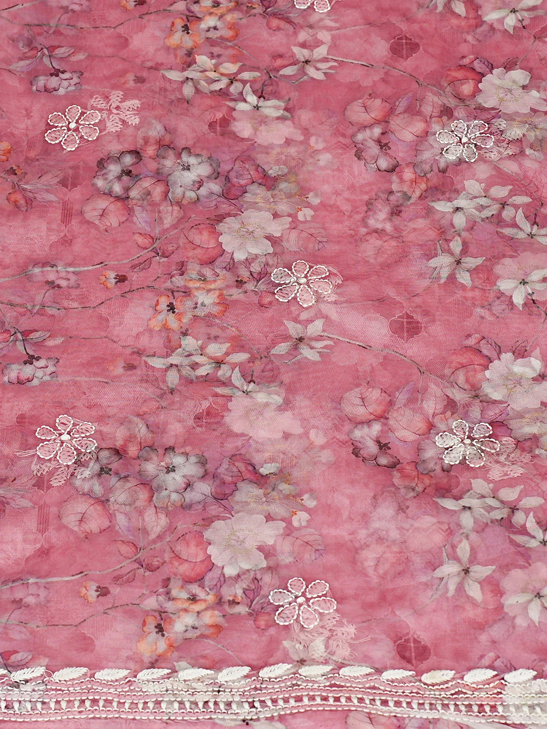 Ada Hand Embroidered Floral Printed Dusty Peach Organza Lucknowi Chikankari Unstitched Kurta Dupatta Set 01A876698