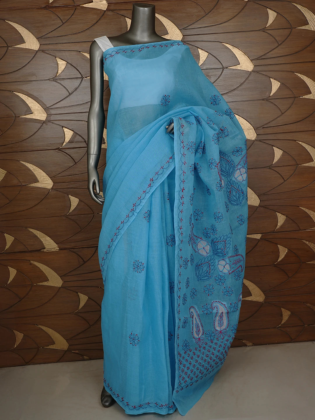 Ada Hand Embroidered Blue Cotton Lucknowi Chikankari Saree and Blouse 01A891808