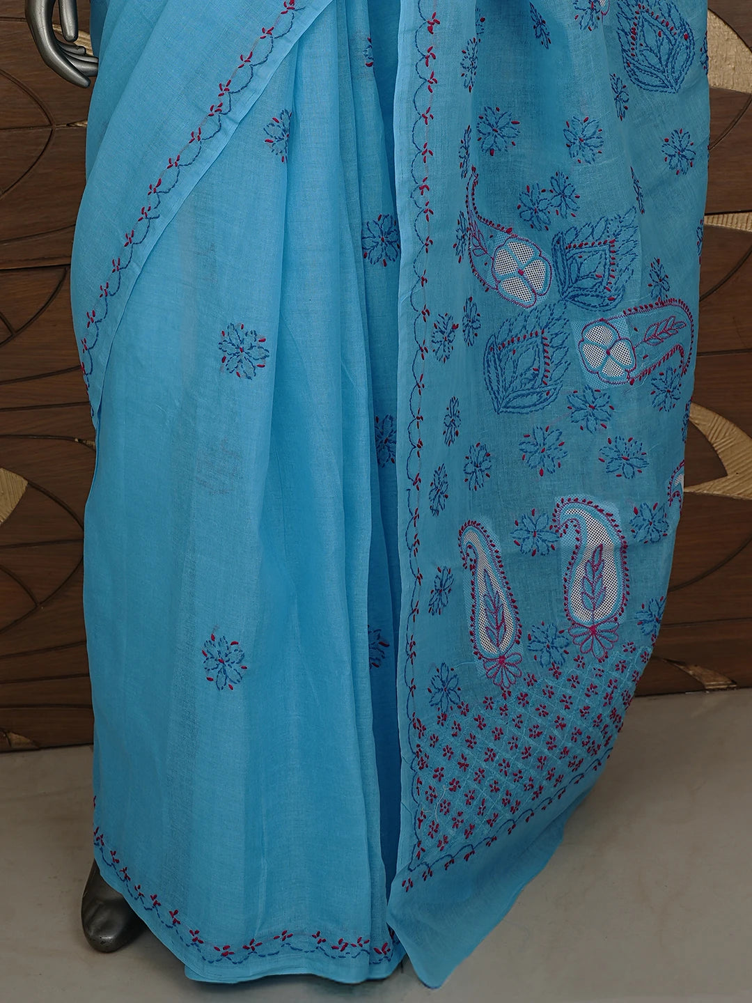 Ada Hand Embroidered Blue Cotton Lucknowi Chikankari Saree and Blouse 01A891808