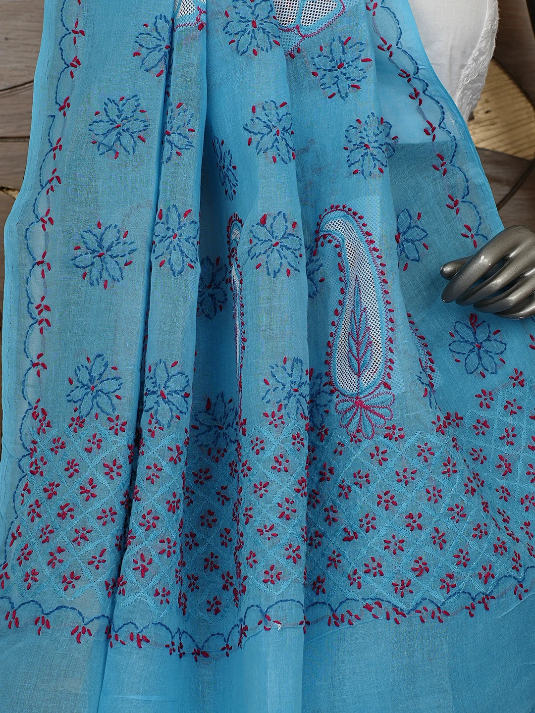 Ada Hand Embroidered Blue Cotton Lucknowi Chikankari Saree and Blouse 01A891808