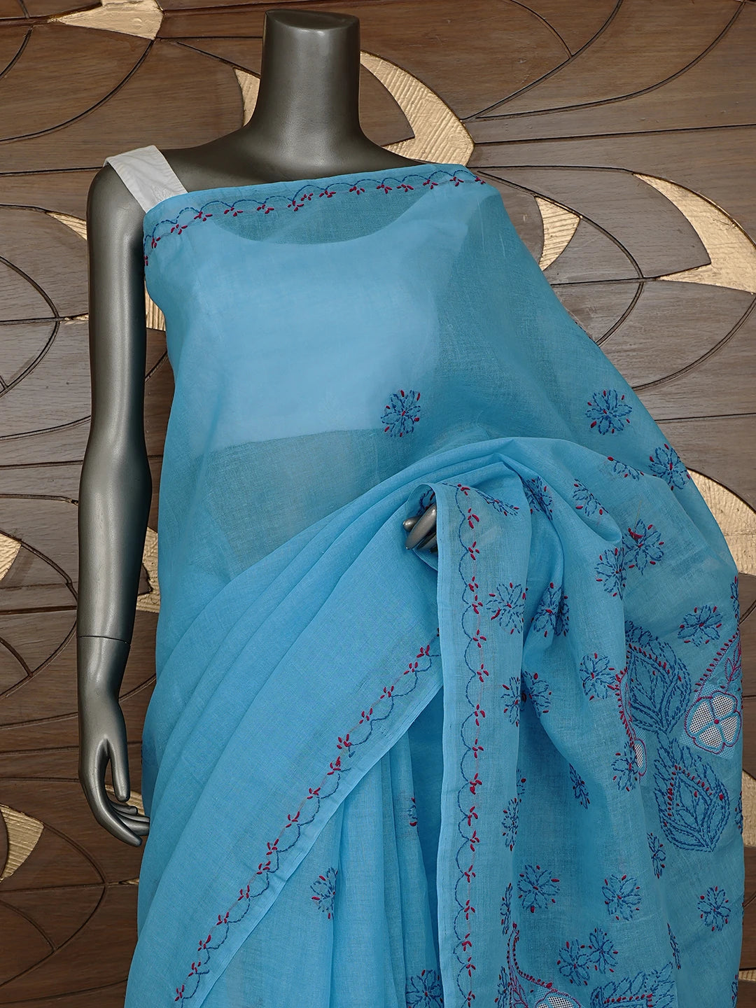 Ada Hand Embroidered Blue Cotton Lucknowi Chikankari Saree and Blouse 01A891808