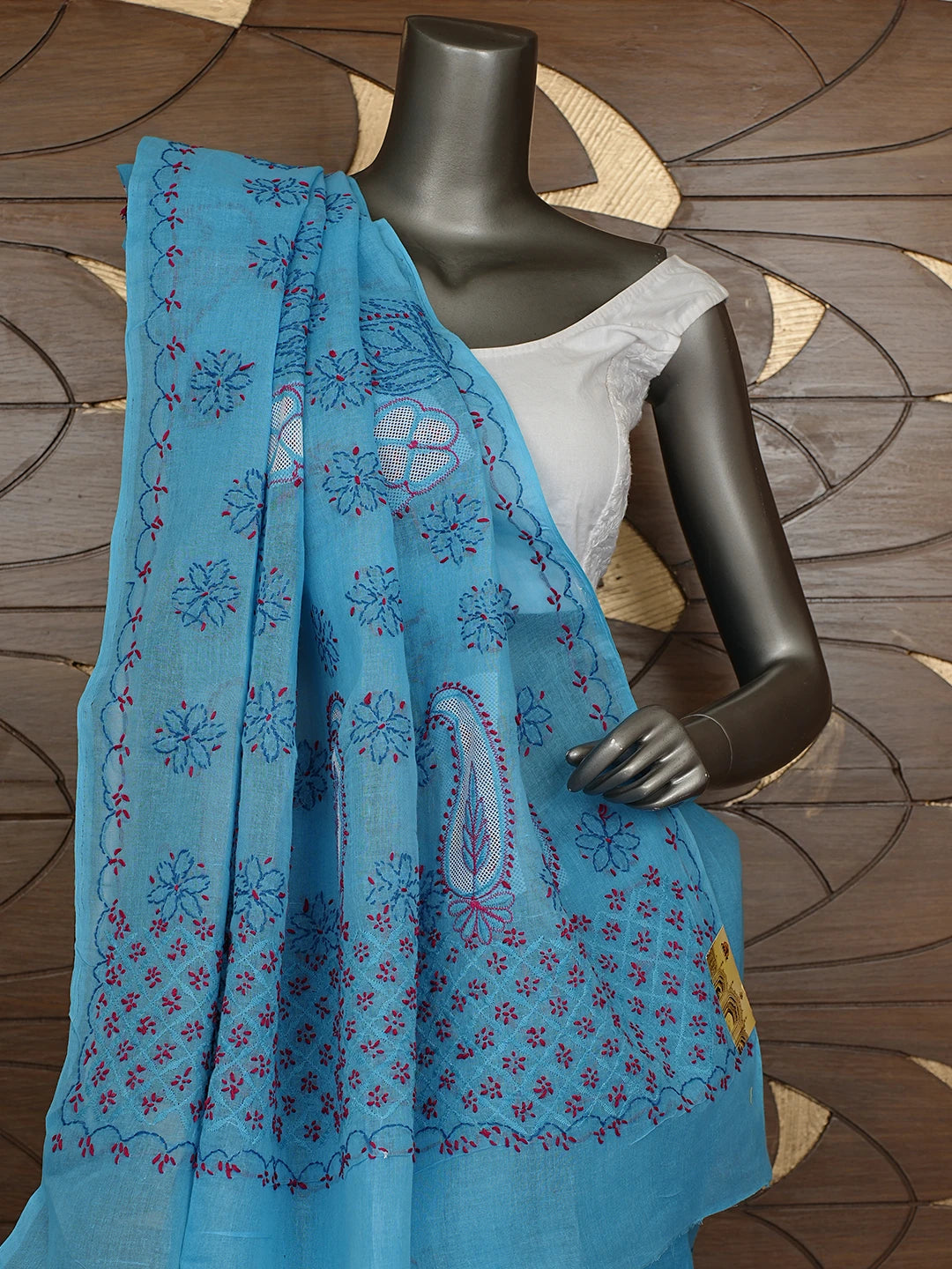 Ada Hand Embroidered Blue Cotton Lucknowi Chikankari Saree and Blouse 01A891808