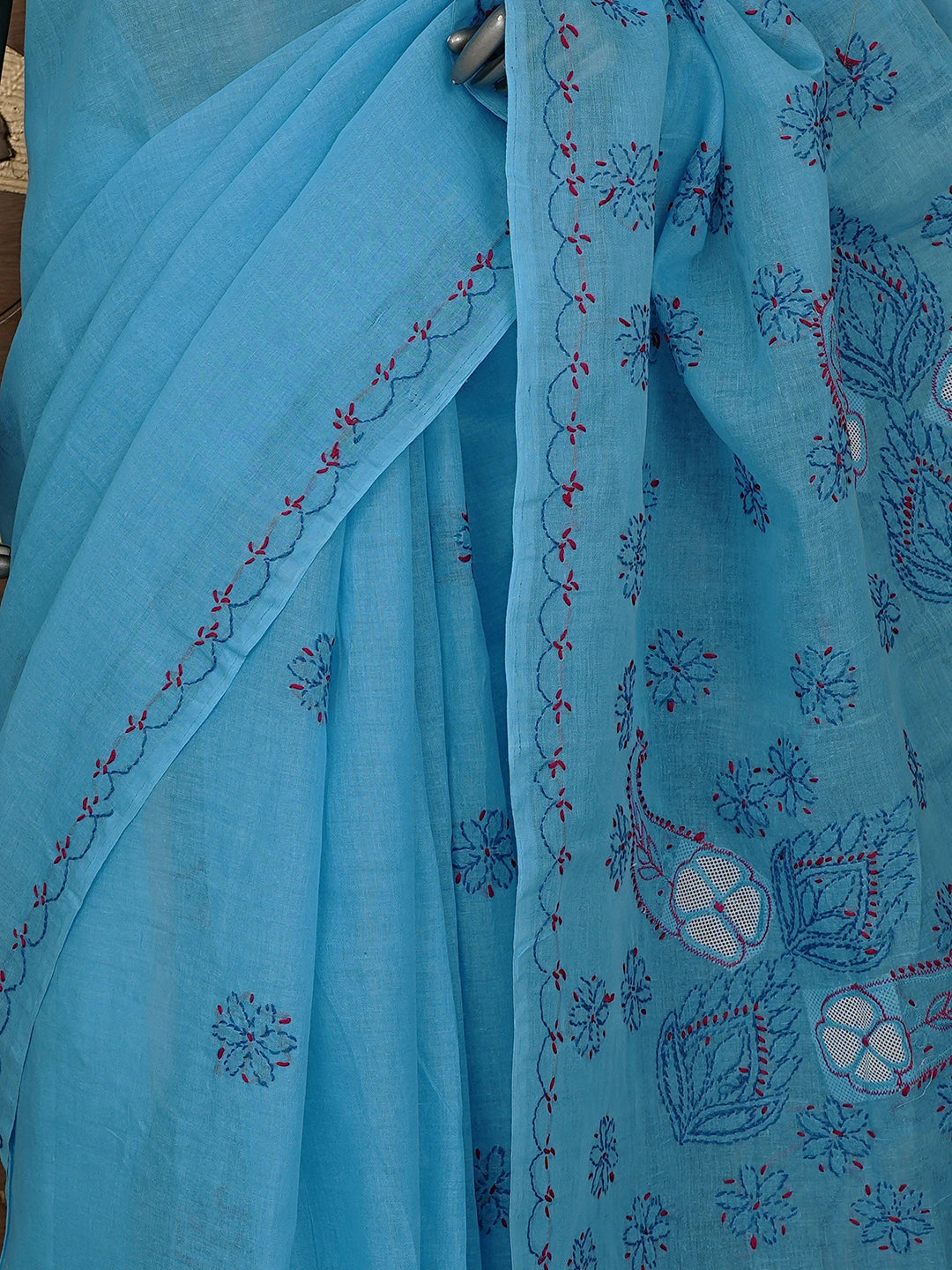 Ada Hand Embroidered Blue Cotton Lucknowi Chikankari Saree and Blouse 01A891808