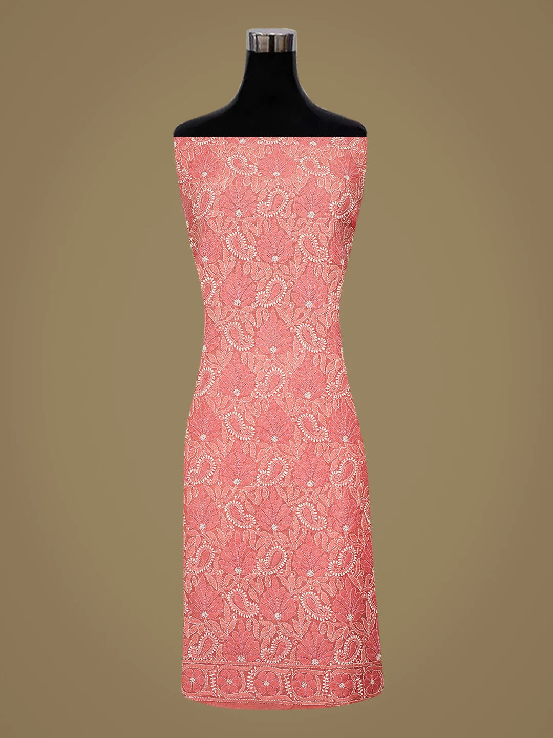 Ada Hand Embroidered Peach Chanderi Lucknowi Chikankari Unstitched Kurta Dupatta Set 01A870981