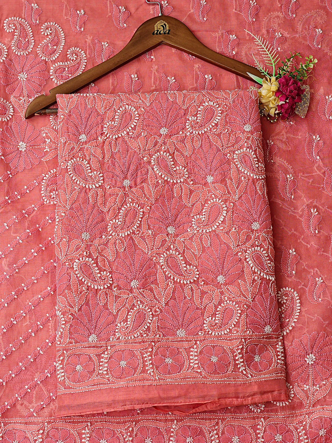 Ada Hand Embroidered Peach Chanderi Lucknowi Chikankari Unstitched Kurta Dupatta Set 01A870981
