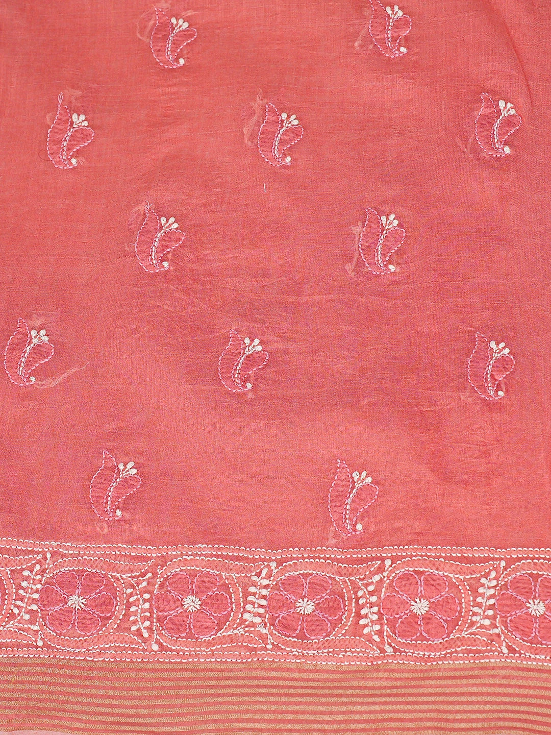 Ada Hand Embroidered Peach Chanderi Lucknowi Chikankari Unstitched Kurta Dupatta Set 01A870981