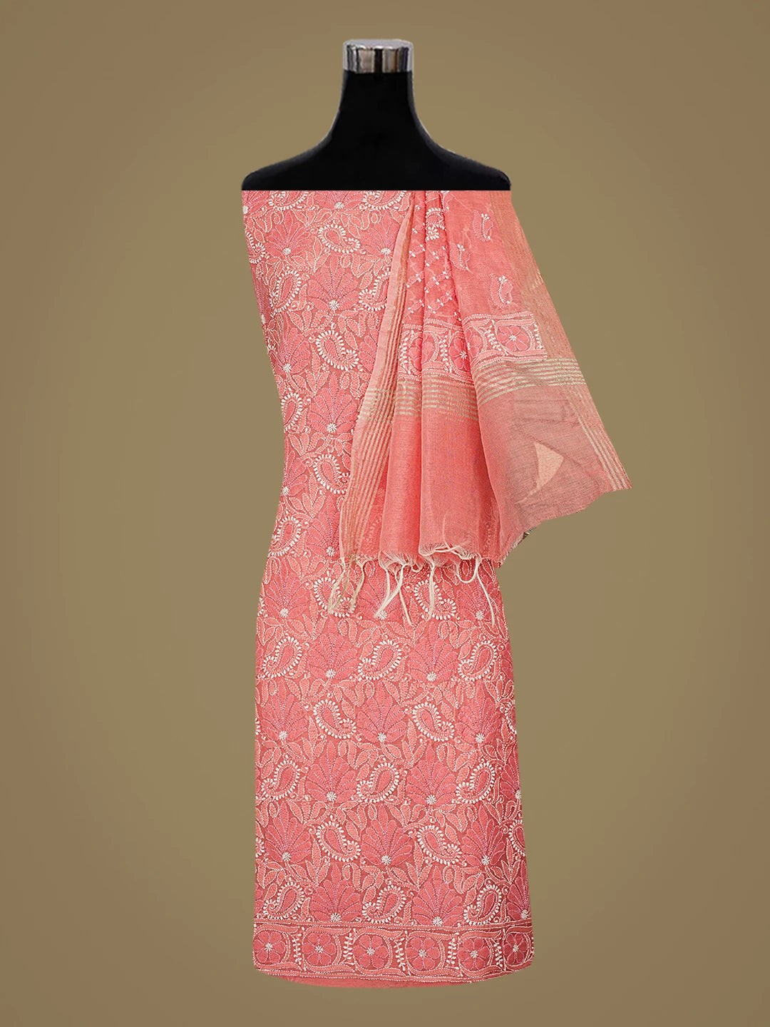 Ada Hand Embroidered Peach Chanderi Lucknowi Chikankari Unstitched Kurta Dupatta Set 01A870981