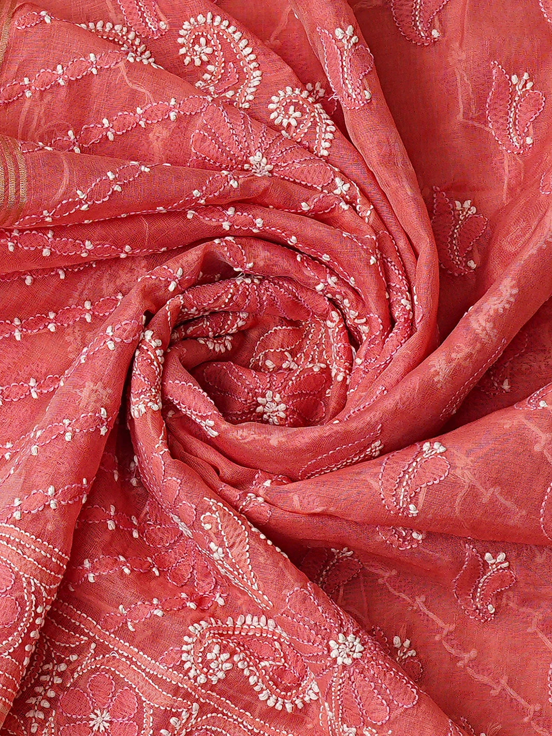 Ada Hand Embroidered Peach Chanderi Lucknowi Chikankari Unstitched Kurta Dupatta Set 01A870981