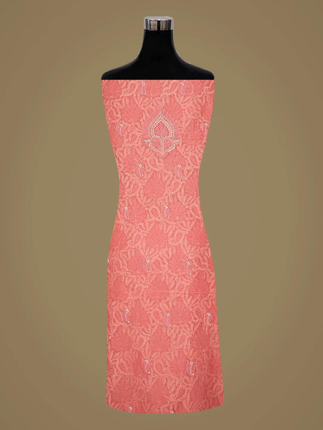 Ada Hand Embroidered Peach Chanderi Lucknowi Chikankari Unstitched Kurta Dupatta Set 01A870981