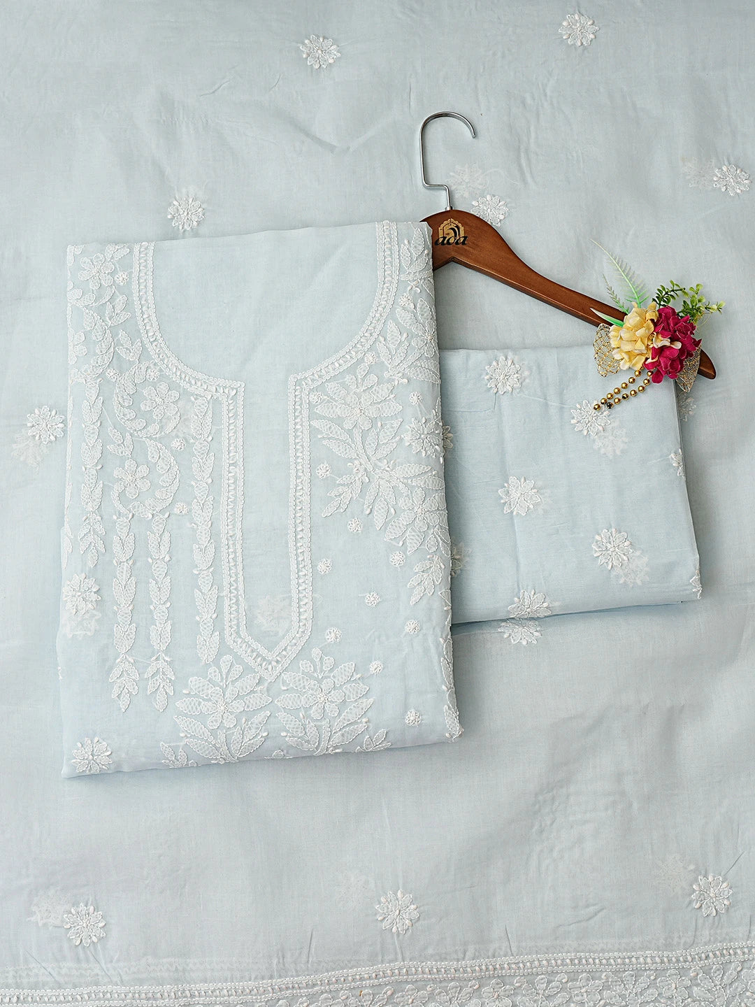 Ada Hand Embroidered Sky Blue Cotton Lucknowi Chikankari Unstitched Suit Piece 01A885459
