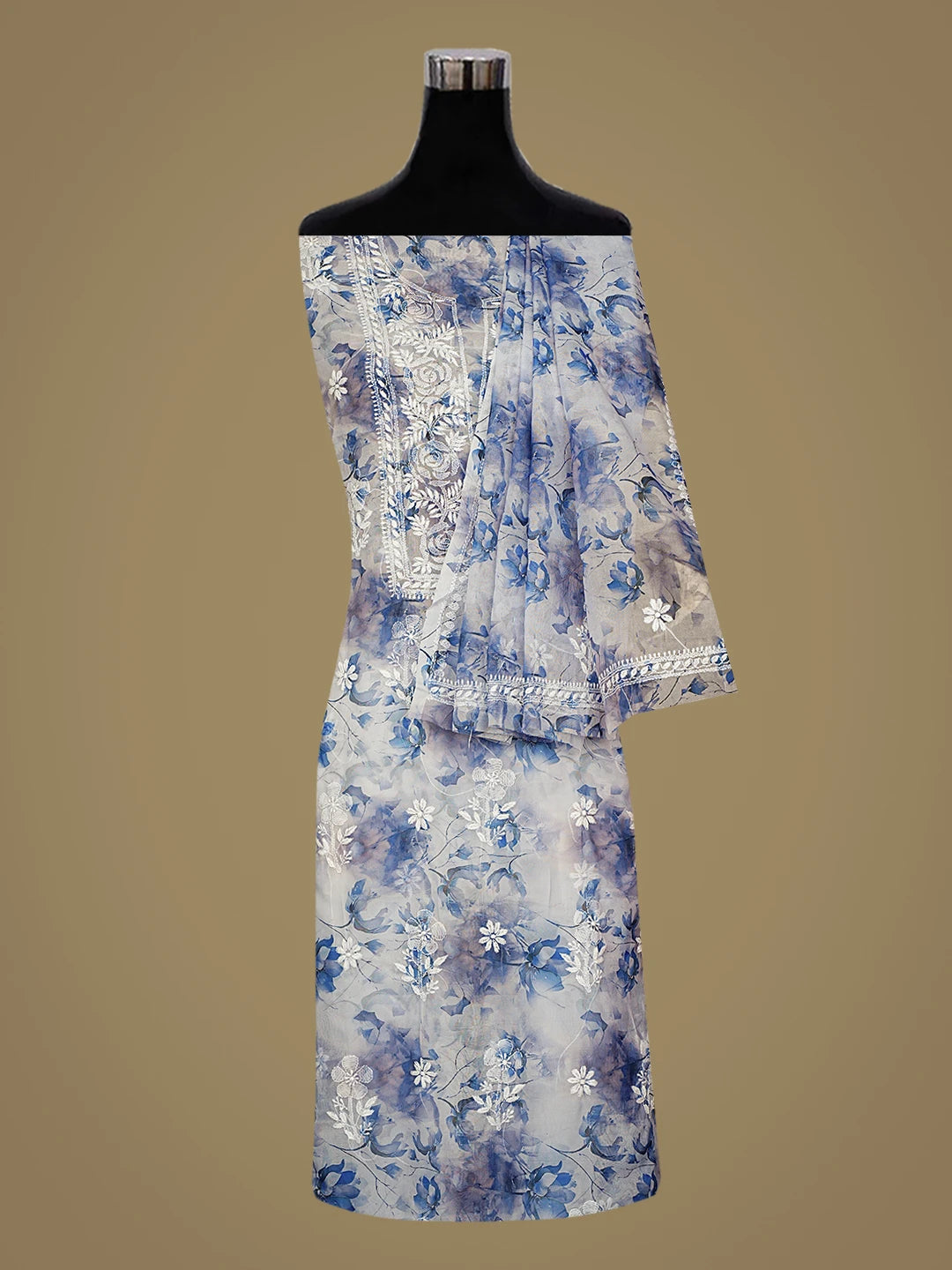 Ada Hand Embroidered Floral Printed Blue Organza Lucknowi Chikankari Unstitched Kurta Dupatta Set 01A876523