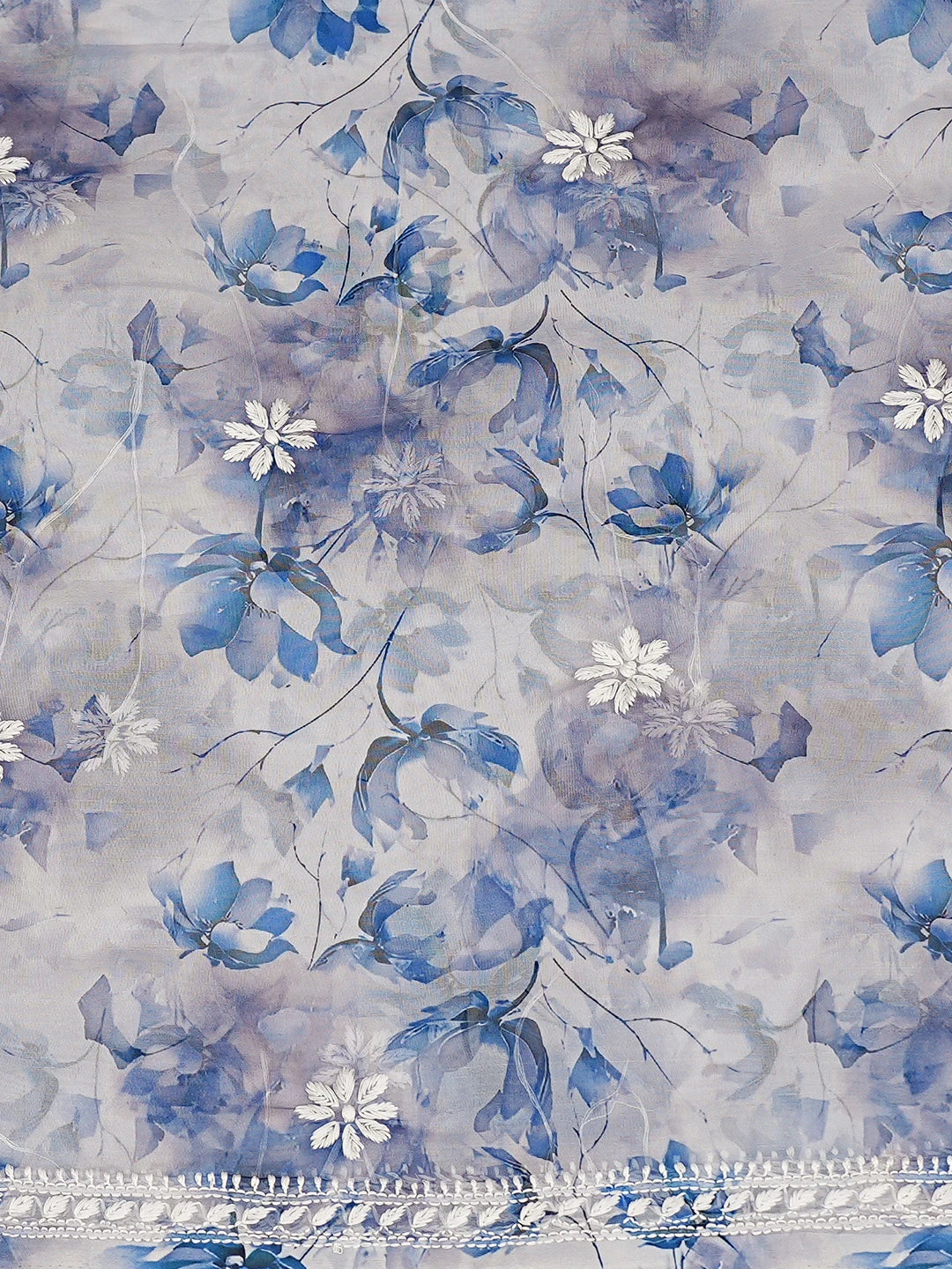 Ada Hand Embroidered Floral Printed Blue Organza Lucknowi Chikankari Unstitched Kurta Dupatta Set 01A876523