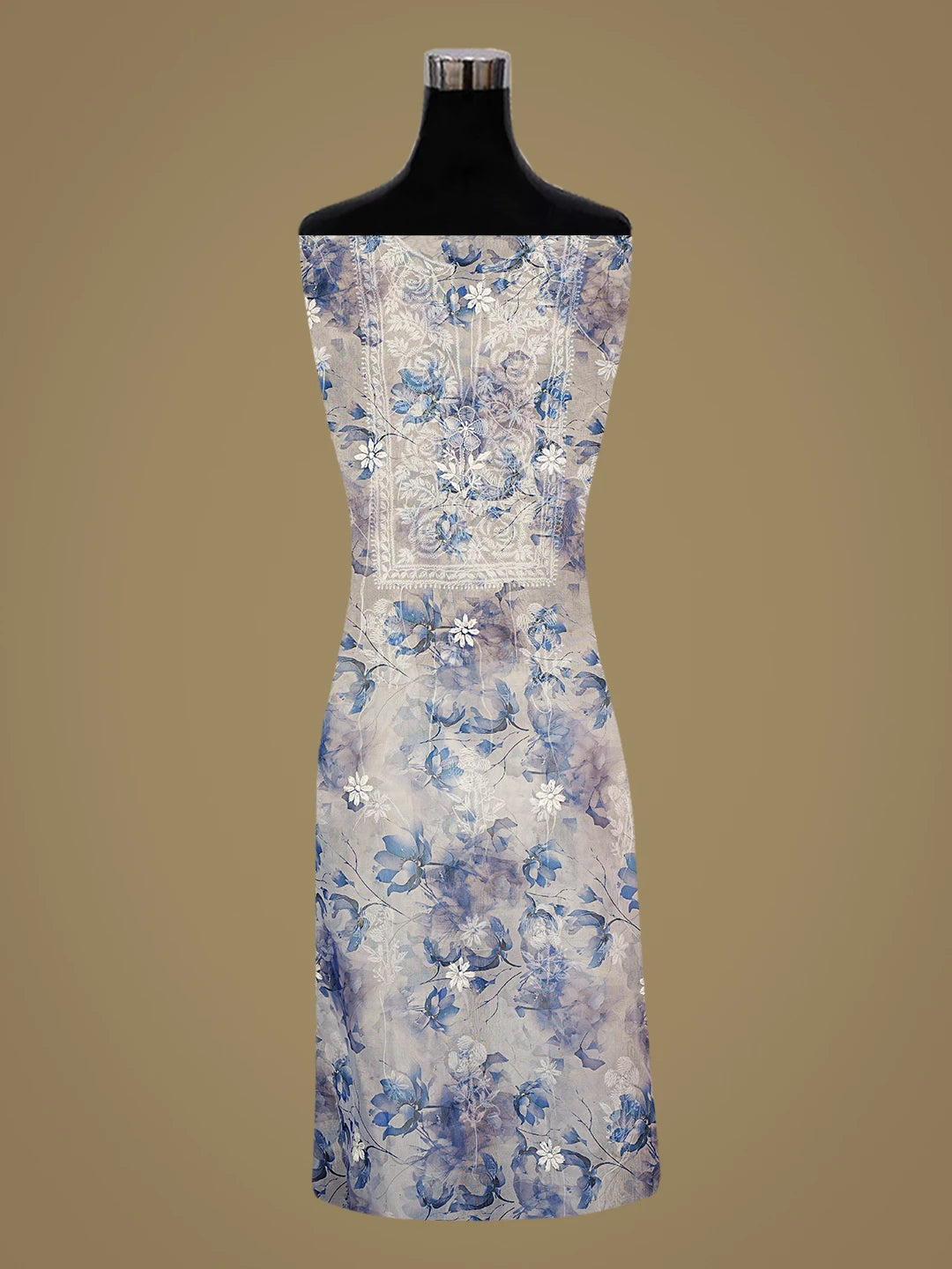 Ada Hand Embroidered Floral Printed Blue Organza Lucknowi Chikankari Unstitched Kurta Dupatta Set 01A876523