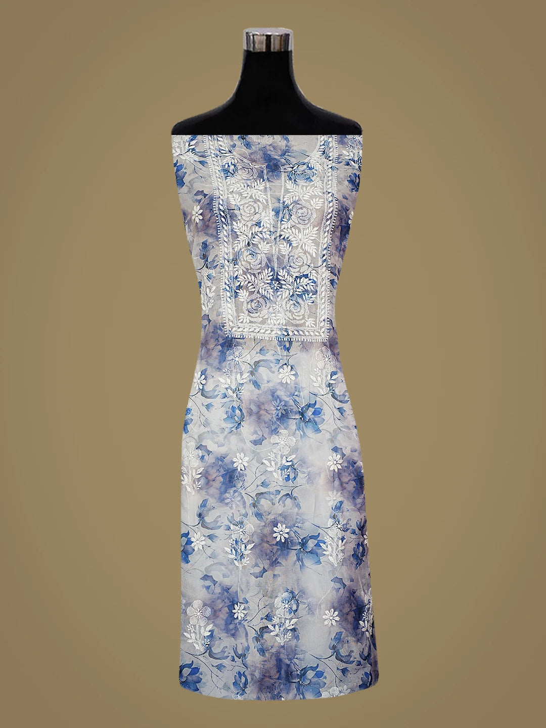 Ada Hand Embroidered Floral Printed Blue Organza Lucknowi Chikankari Unstitched Kurta Dupatta Set 01A876523