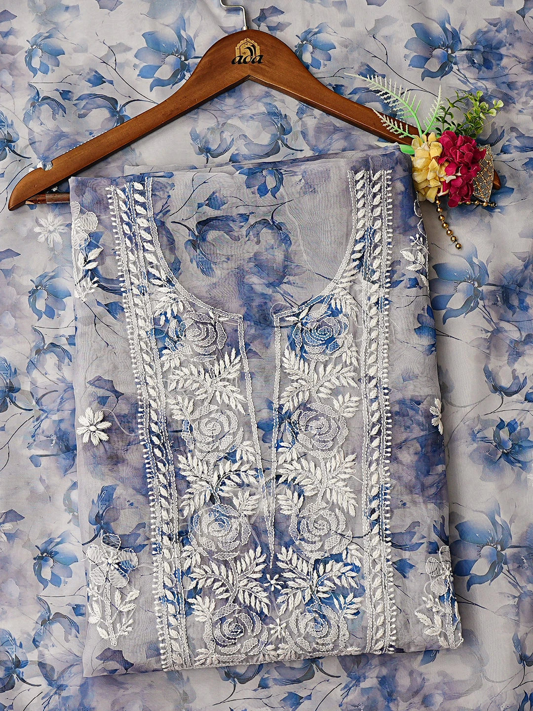 Ada Hand Embroidered Floral Printed Blue Organza Lucknowi Chikankari Unstitched Kurta Dupatta Set 01A876523
