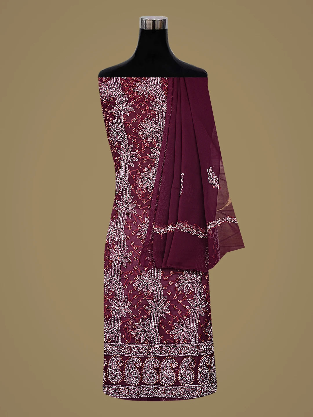 Ada Hand Embroidered Wine Georgette Lucknowi Chikankari Unstitched Suit Piece 01A872105