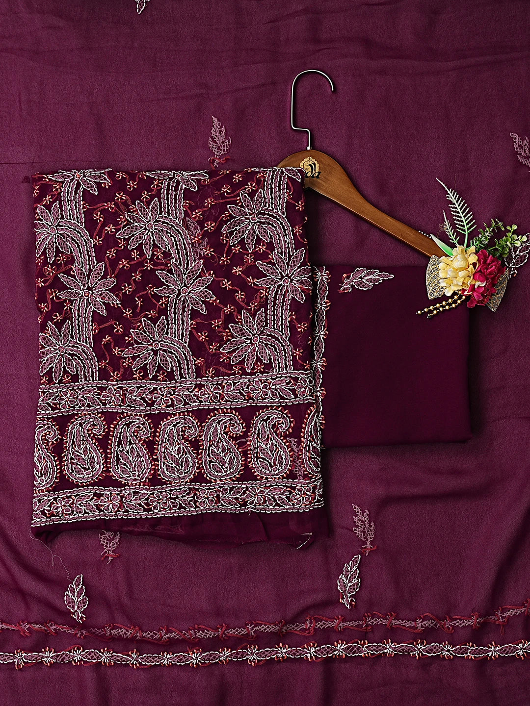 Ada Hand Embroidered Wine Georgette Lucknowi Chikankari Unstitched Suit Piece 01A872105